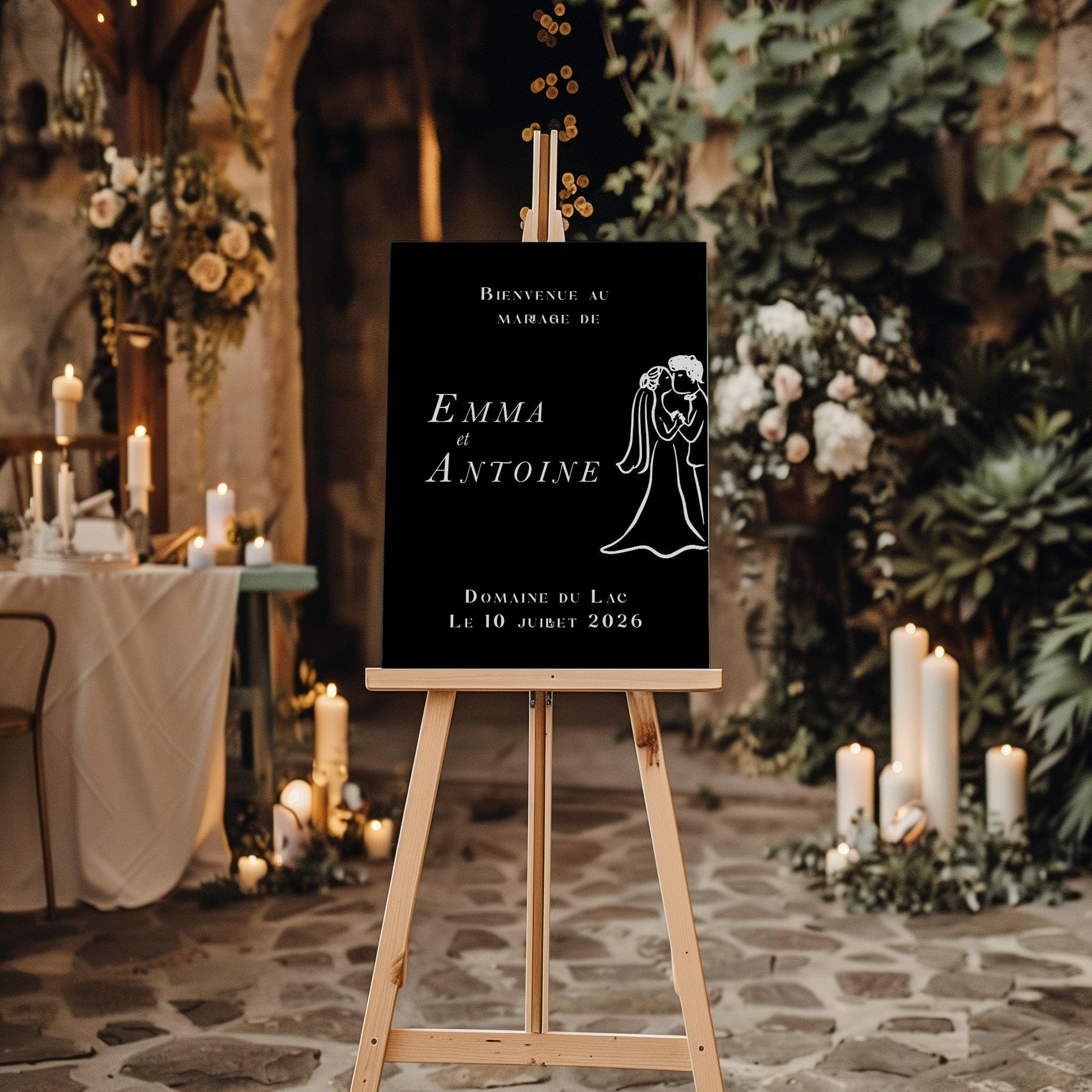 Panneau de bienvenue mariage noir avec illustration d’un couple de mariés