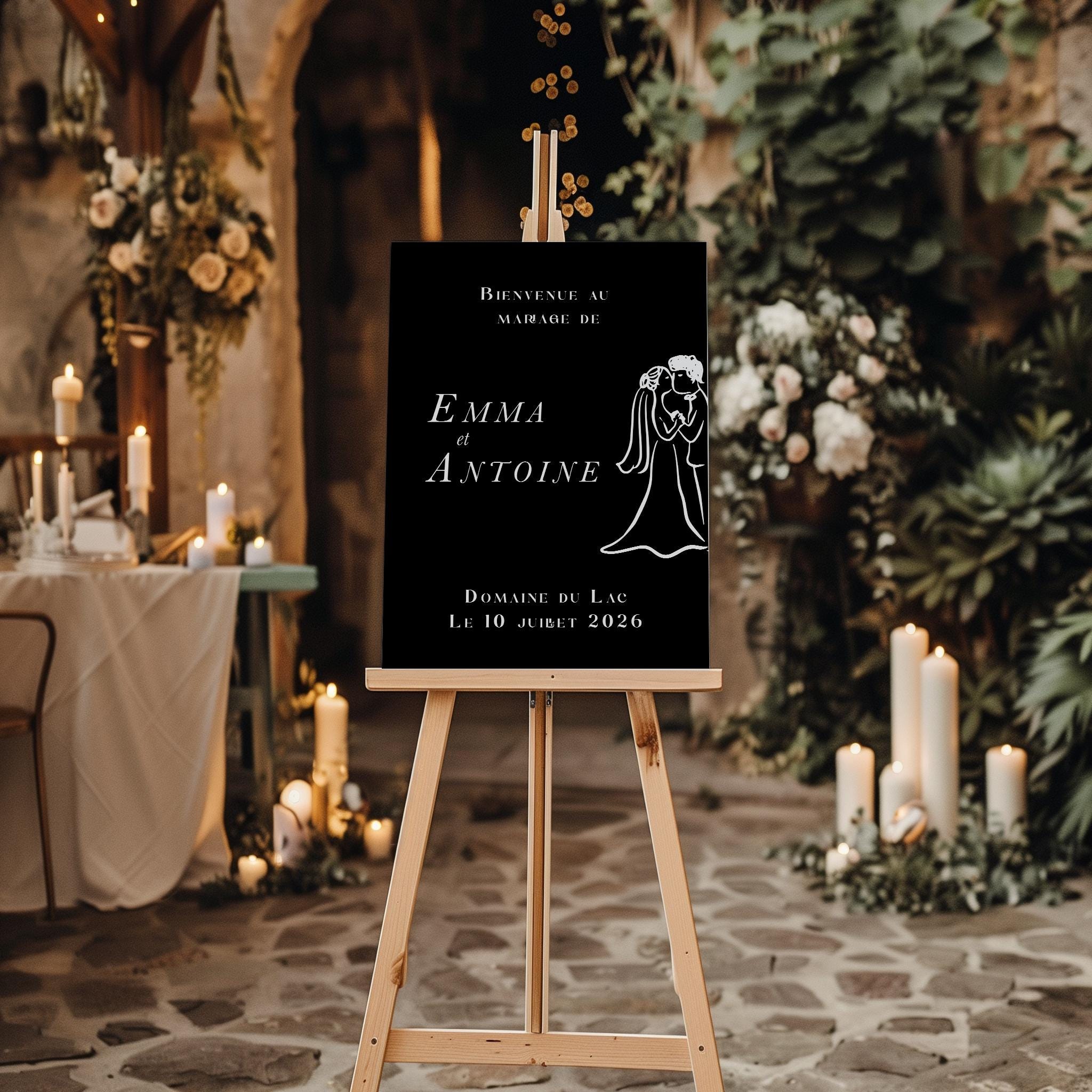 Panneau de bienvenue mariage noir avec illustration d’un couple de mariés