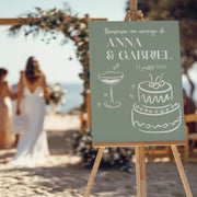 Panneau de bienvenue mariage  personnsalié vert sauge avec dessin festif de gâteau et verres