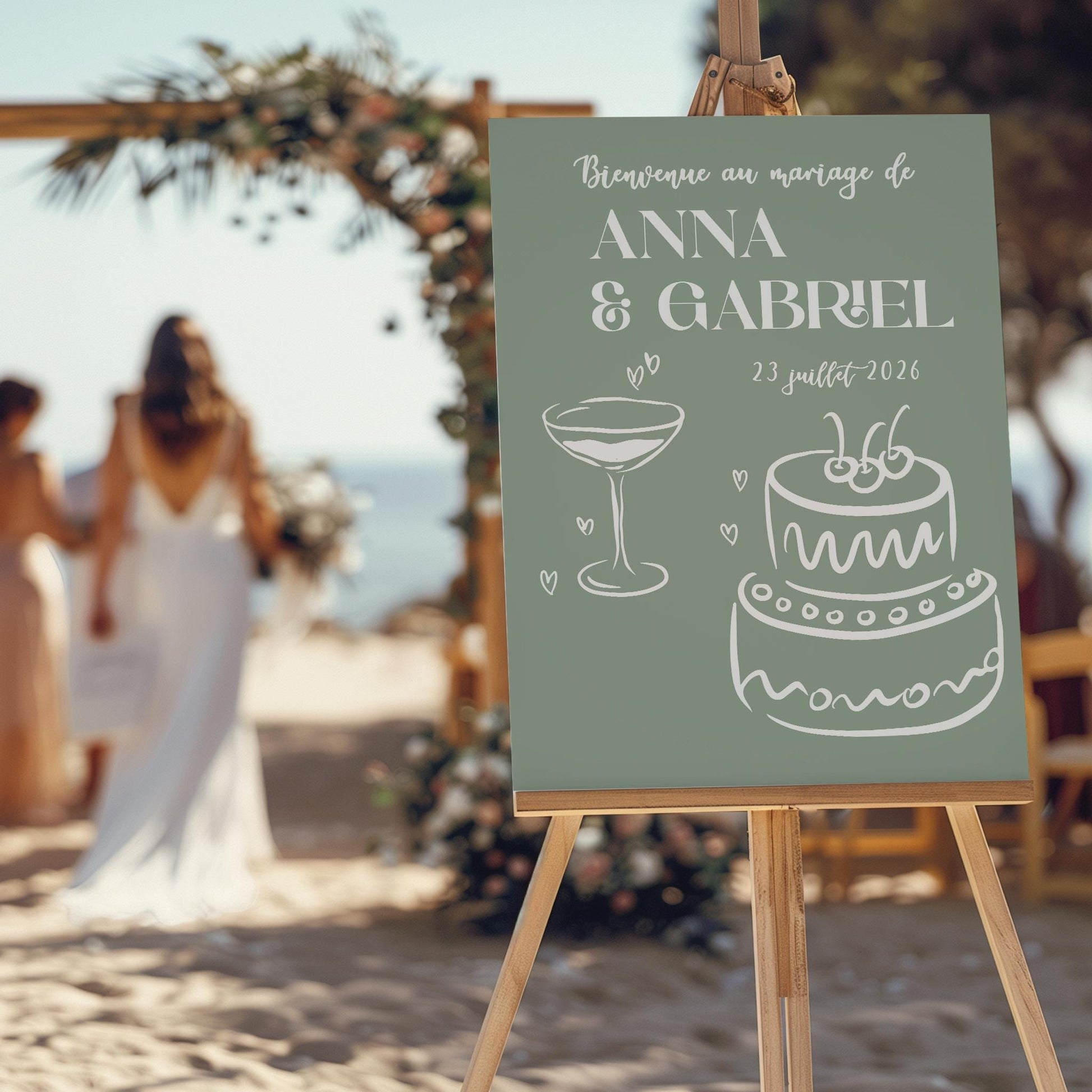 Panneau de bienvenue mariage  personnsalié vert sauge avec dessin festif de gâteau et verres