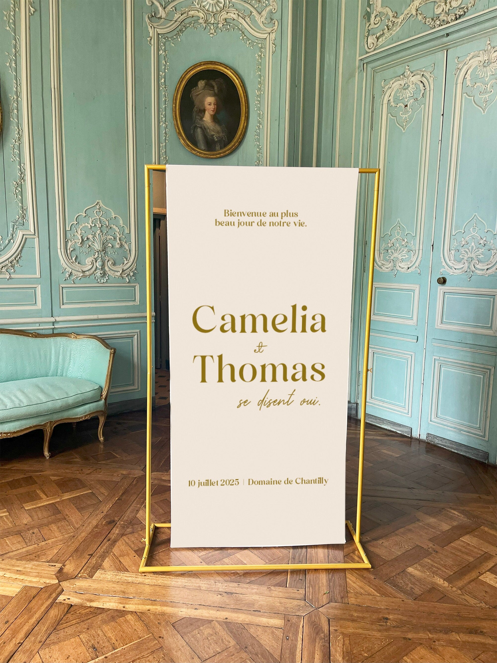 Panneau de bienvenue mariage personnalisé en toile vergé naturelle avec texte ocre – Collection Soft Lines – design 2