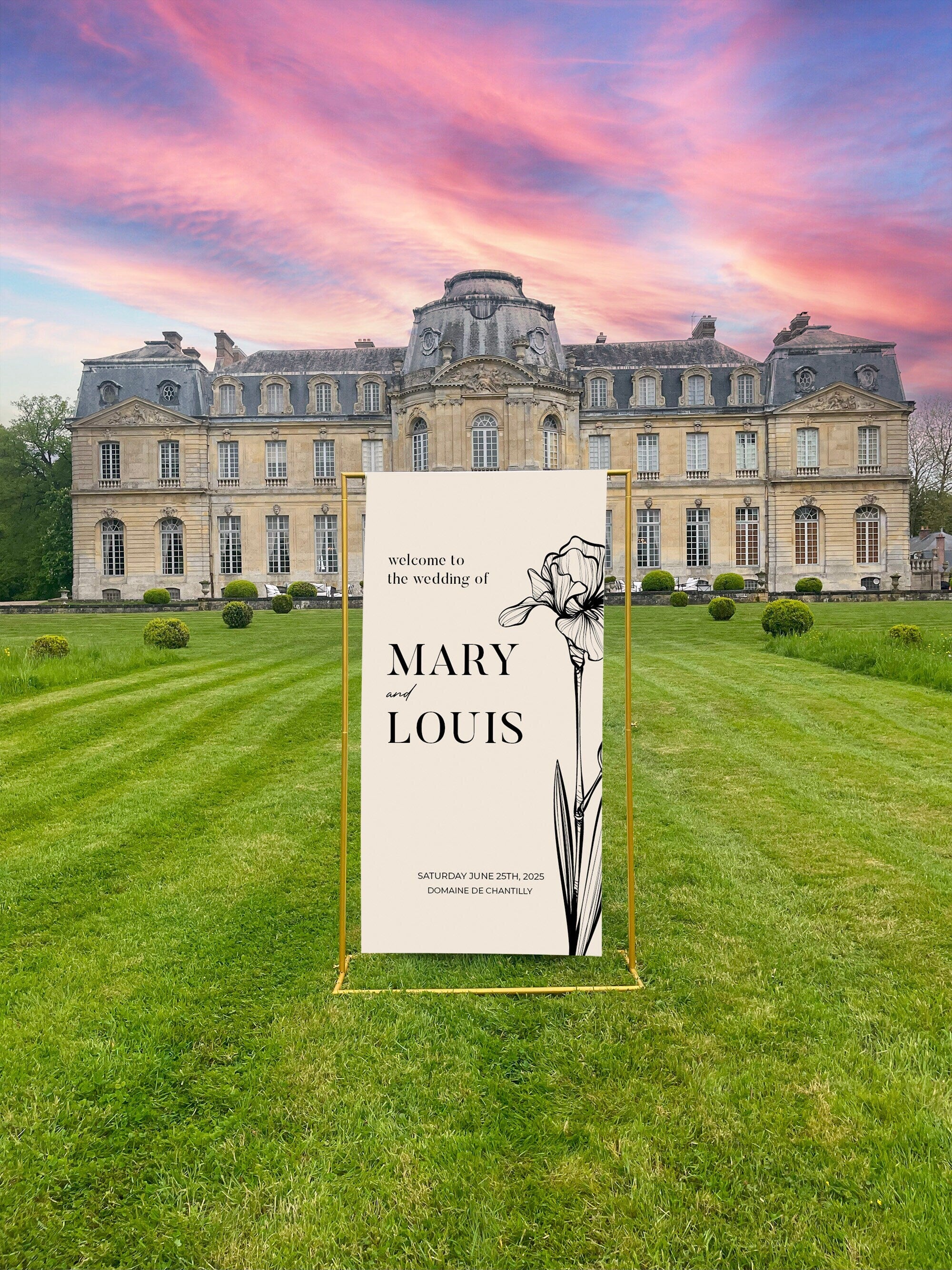 Panneau de bienvenue mariage en toile beige avec grande fleur noire – design épuré – Collection Bloom, design 2