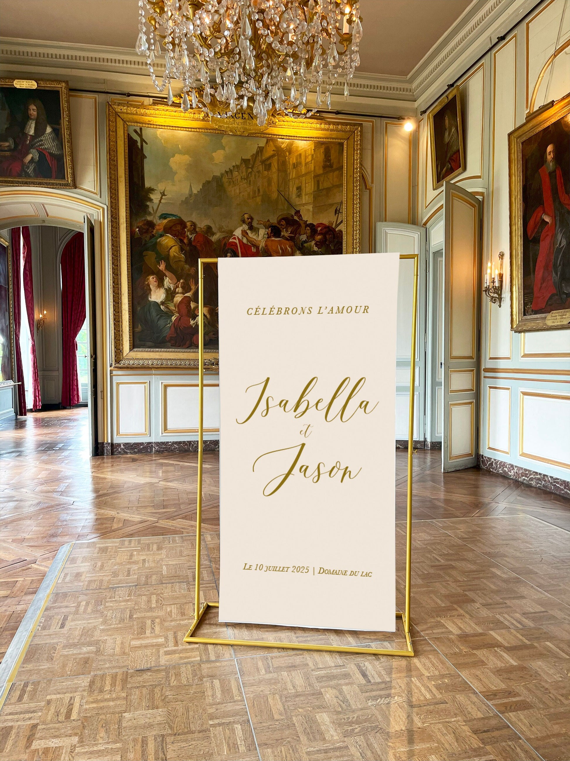 Panneau de bienvenue mariage personnalisé en toile vergé naturelle avec texte ocre – Collection Soft Lines – design 1