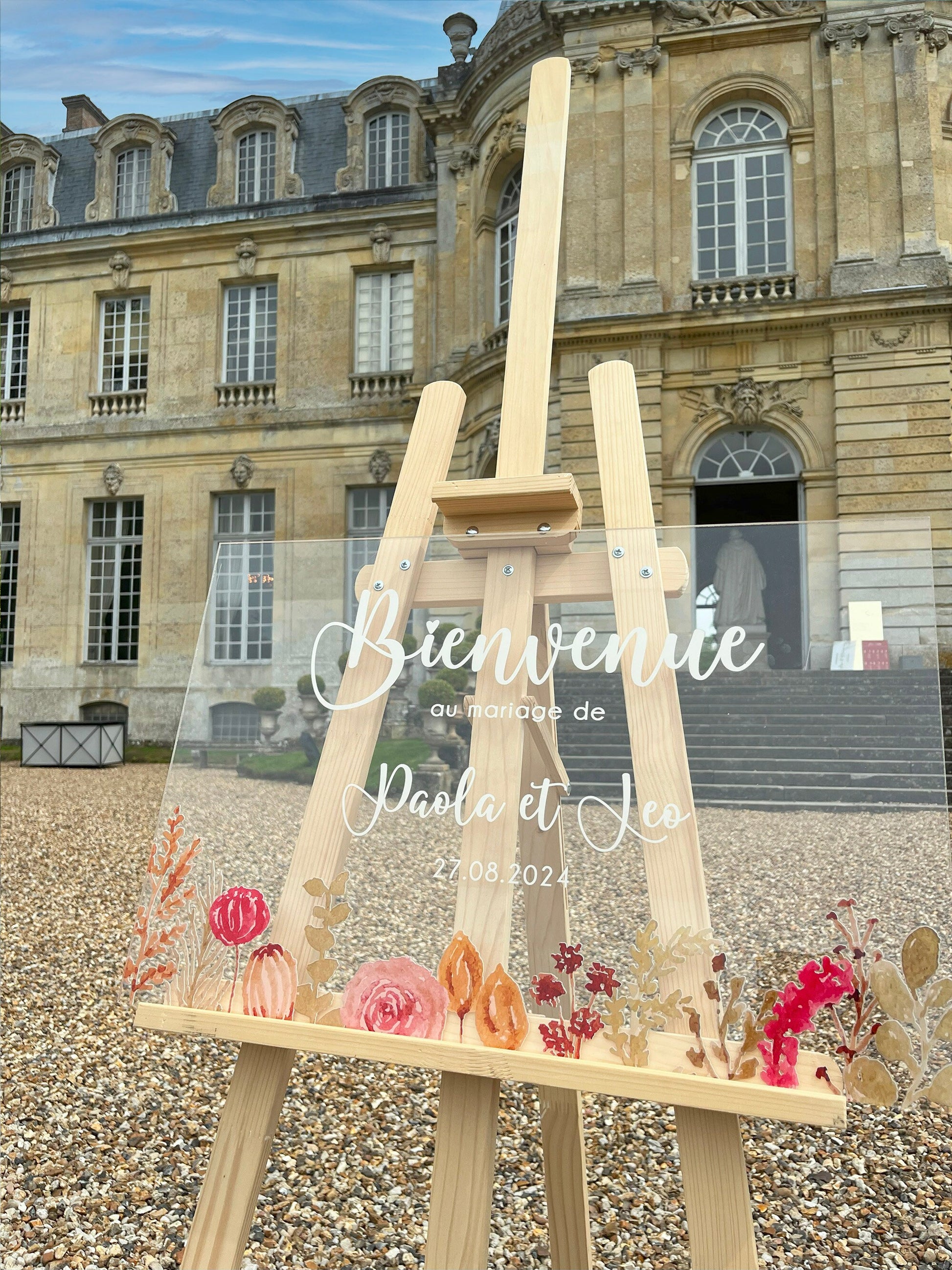 Panneau de bienvenue en plexiglass transparent, fleurs pampa bohème roses et orange, écriture en style calligraphie, Collection Bloom