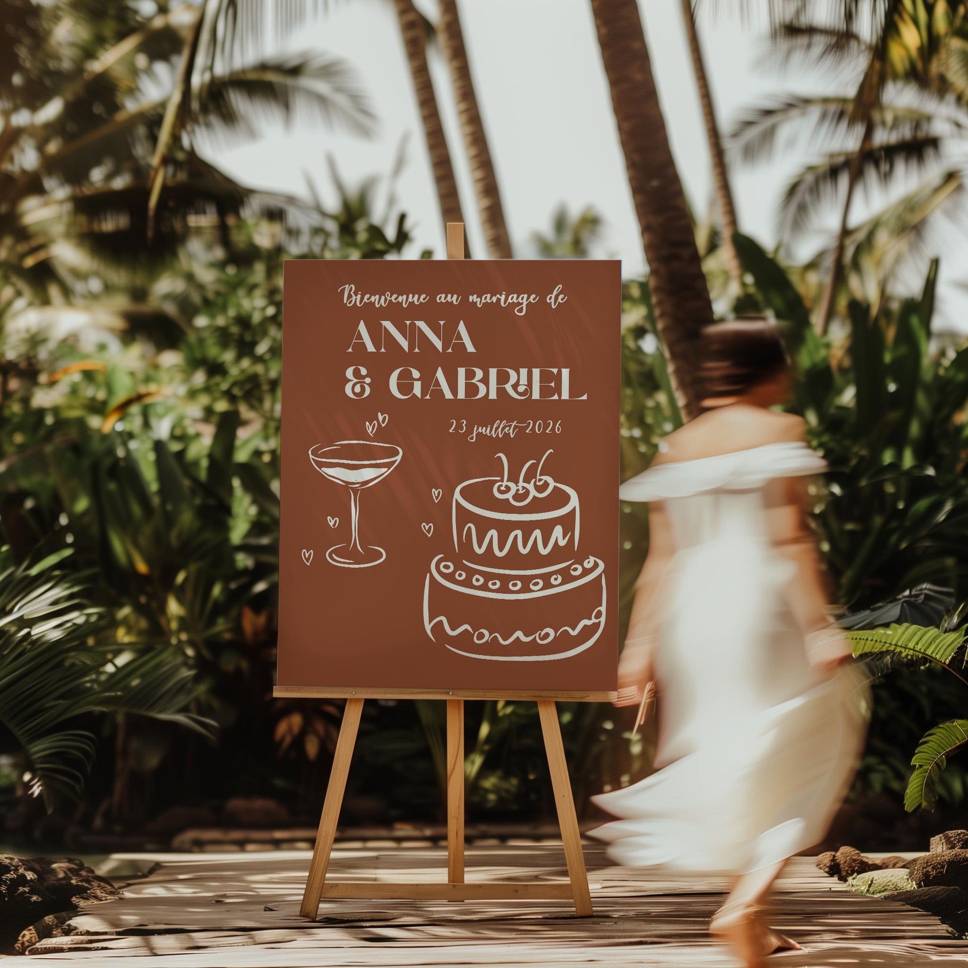 Panneau de bienvenue mariage  personnsalié terracotta avec dessin festif de gâteau et verres