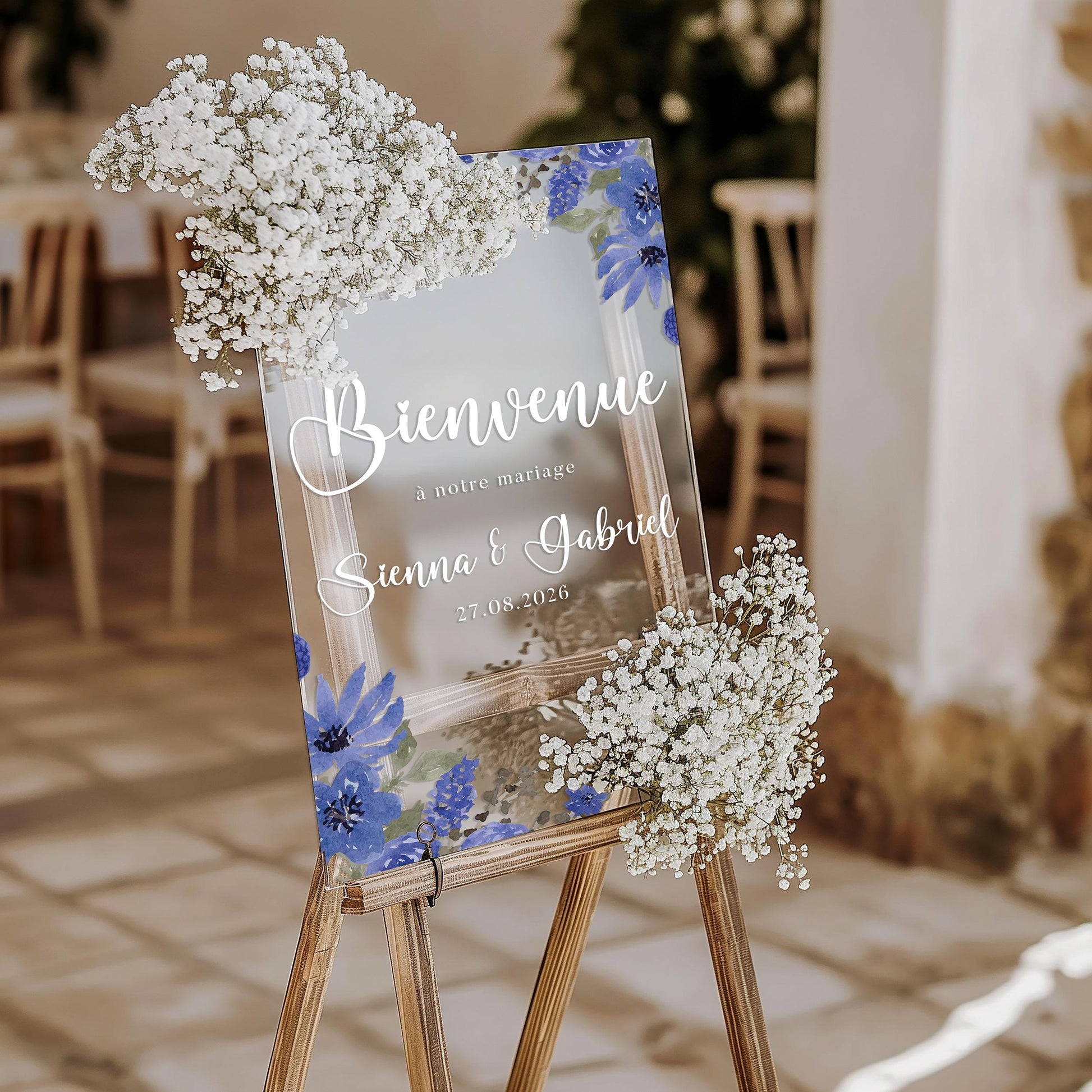 Panneau de bienvenue en plexiglass transparent, décor fleurs bleues, écriture calligraphique, design 1