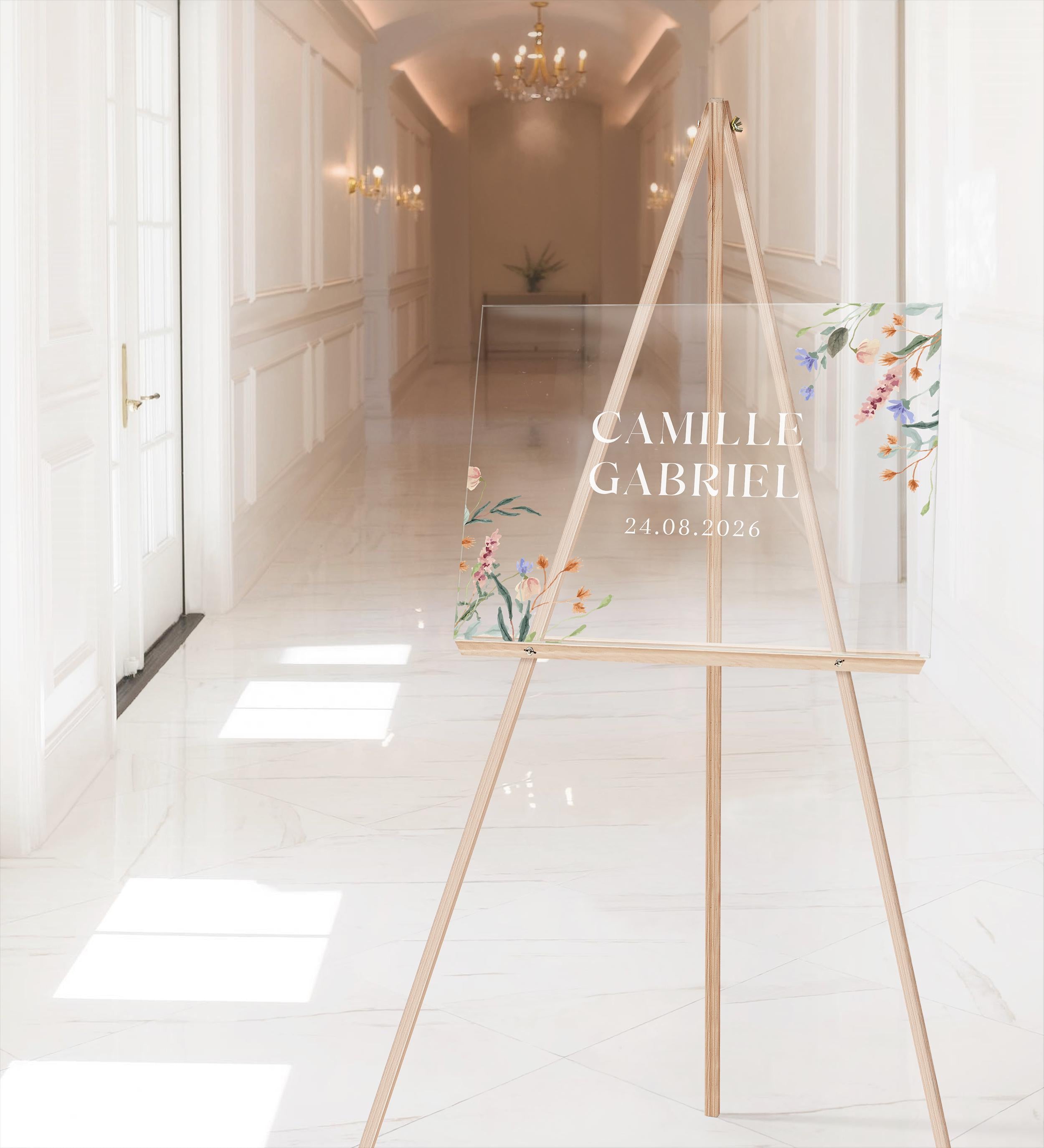 Panneau de bienvenue mariage en plexiglass transparent, décoré de fleurs roses, orange et violettes, design 1