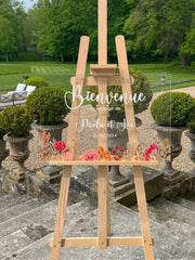 Panneau de bienvenue en plexiglass transparent, fleurs pampa bohème roses et orange, écriture en style calligraphie, Collection Bloom