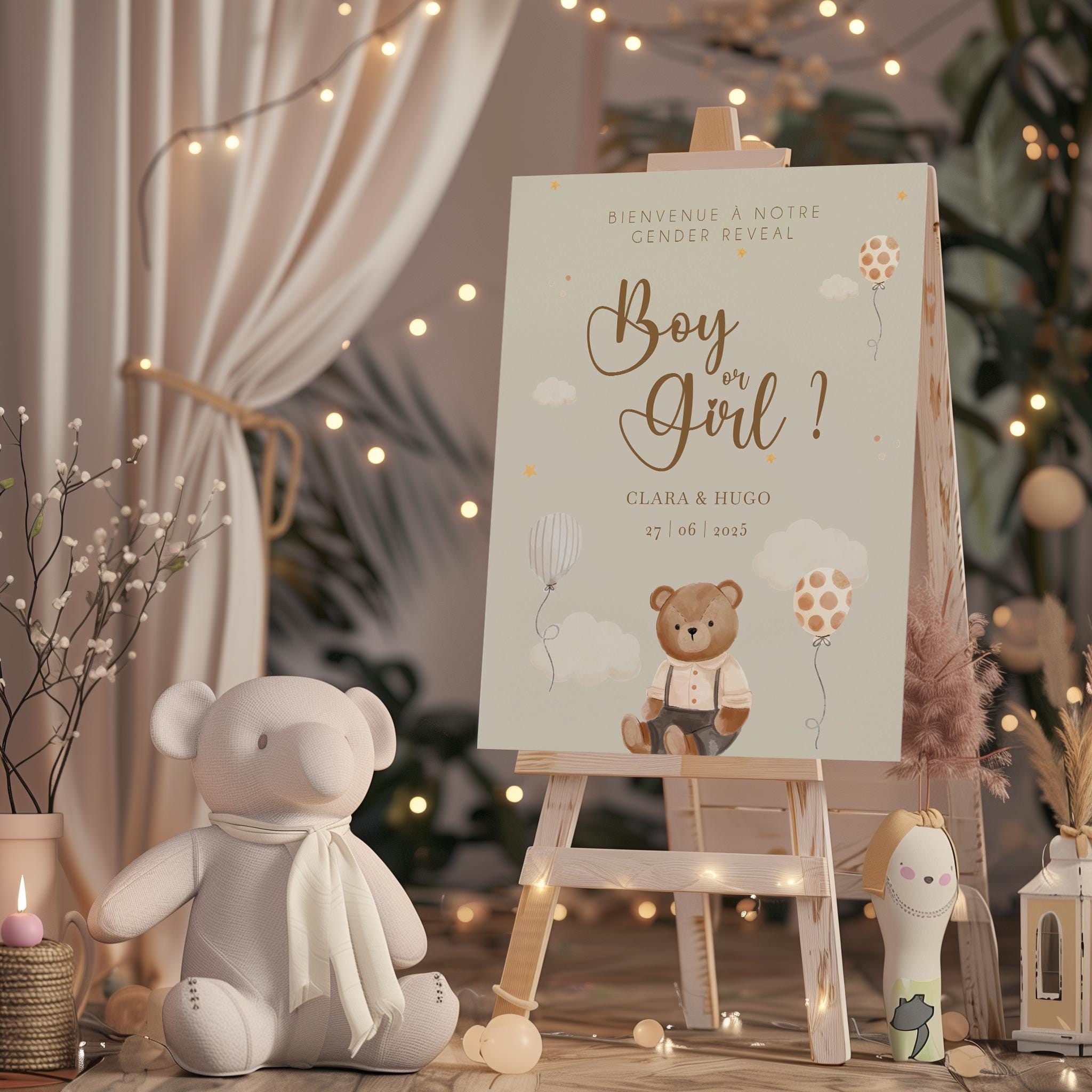 Panneau Gender Reveal beige en forex avec illustration d'ourson enfantin, inscription "Boy or Girl", personnalisé pour baby shower.