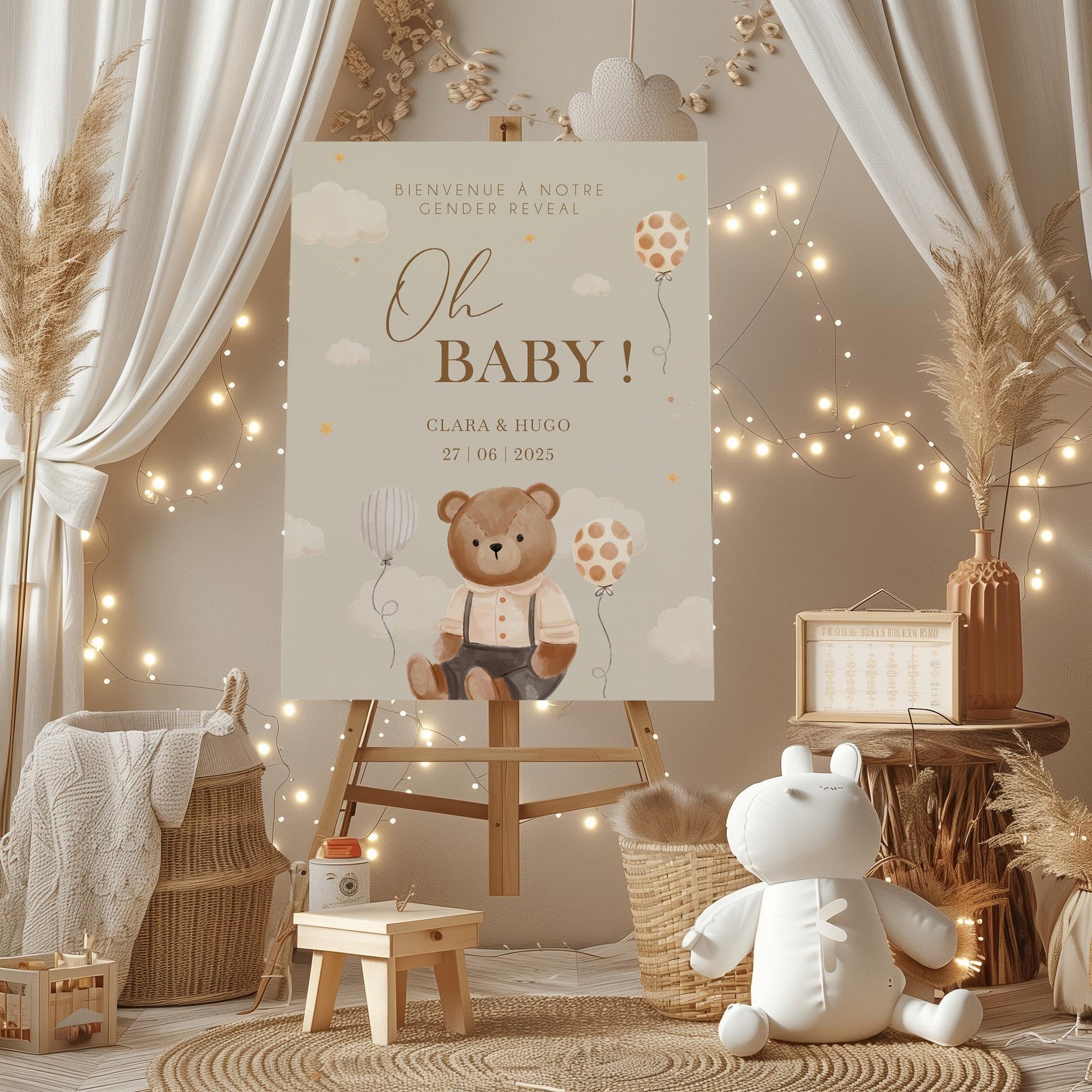 Panneau Gender Reveal beige en forex avec illustrations mignonnes de lapin et ourson, personnalisé pour baby shower, inscription " Oh Baby. "