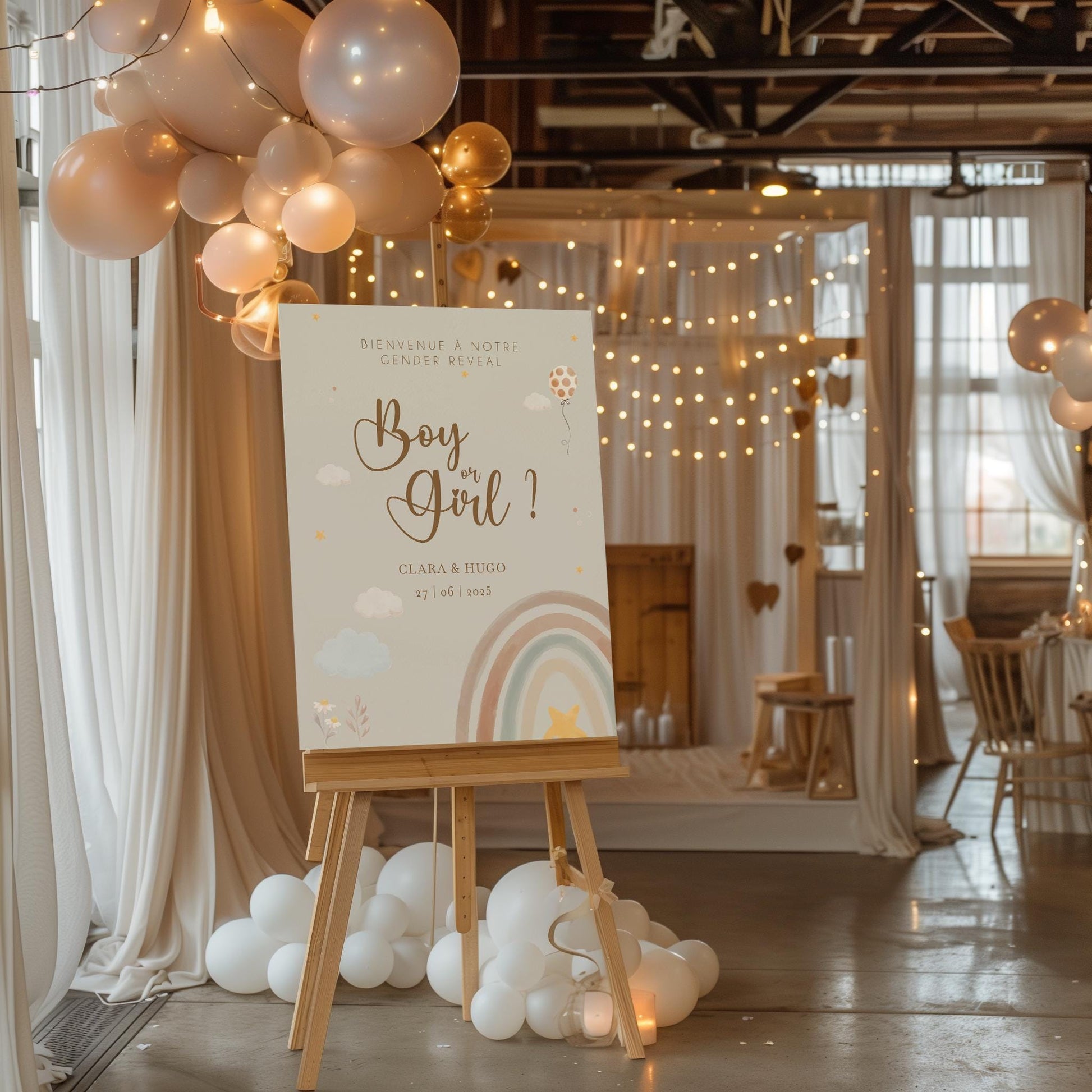Panneau Gender Reveal personnalisé en forex beige avec inscription "Boy or Girl" et illustration arc-en-ciel, parfait pour baby shower.