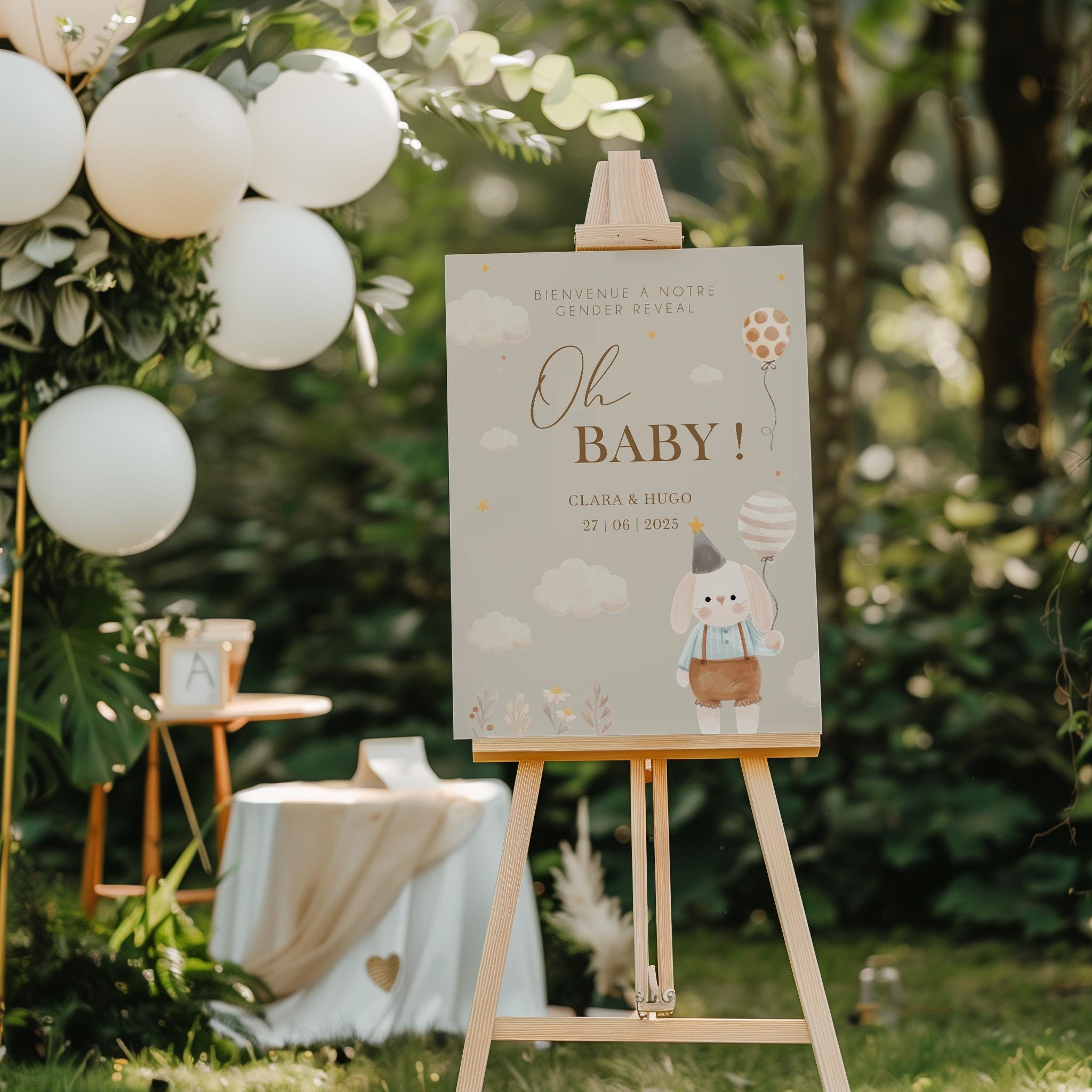 Panneau Gender Reveal personnalisé en forex beige neutre, décor lapin au style enfantin, parfait pour baby shower.