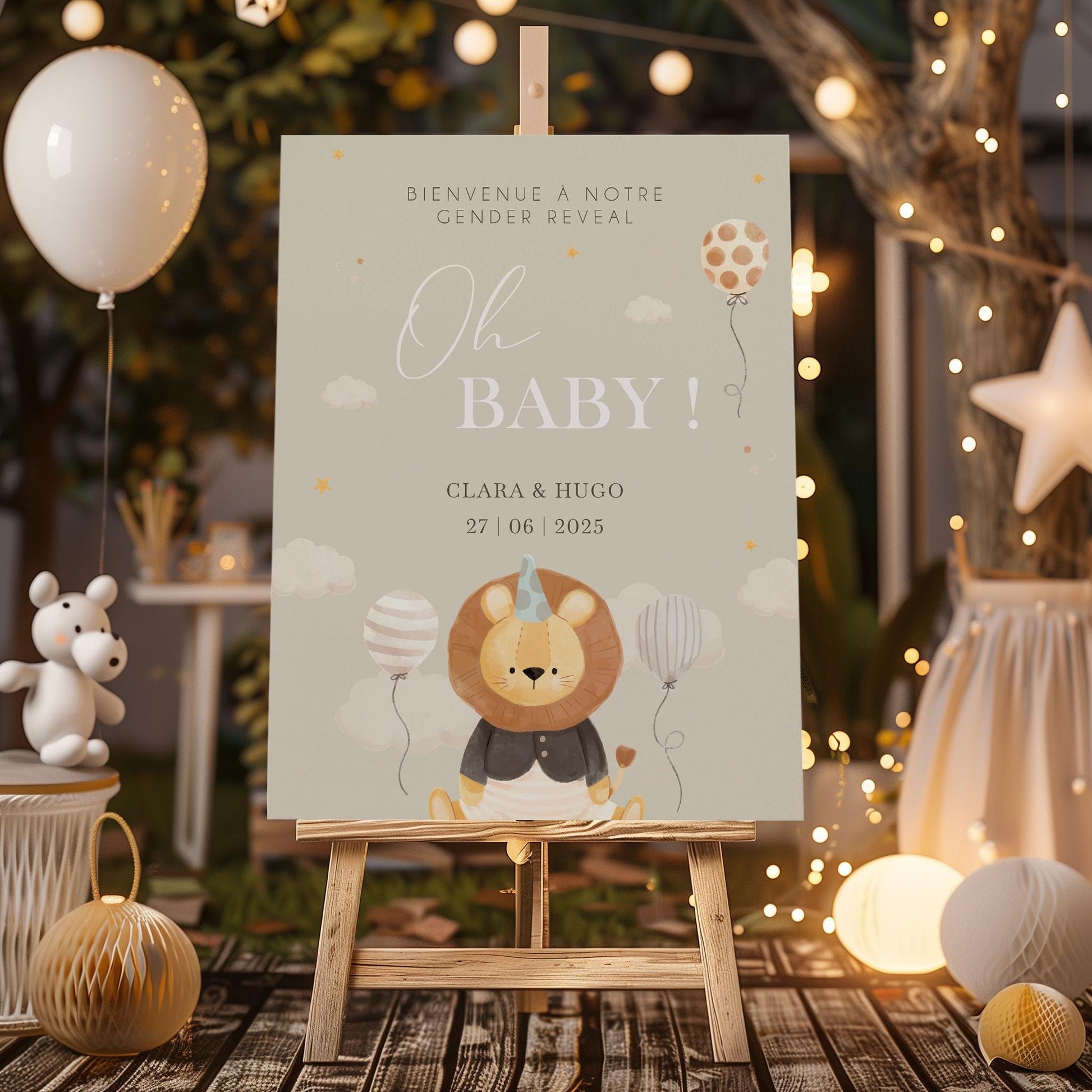 Panneau Gender Reveal personnalisé en forex beige avec inscription "Oh Baby" et illustration lion mignon, idéal pour baby shower.