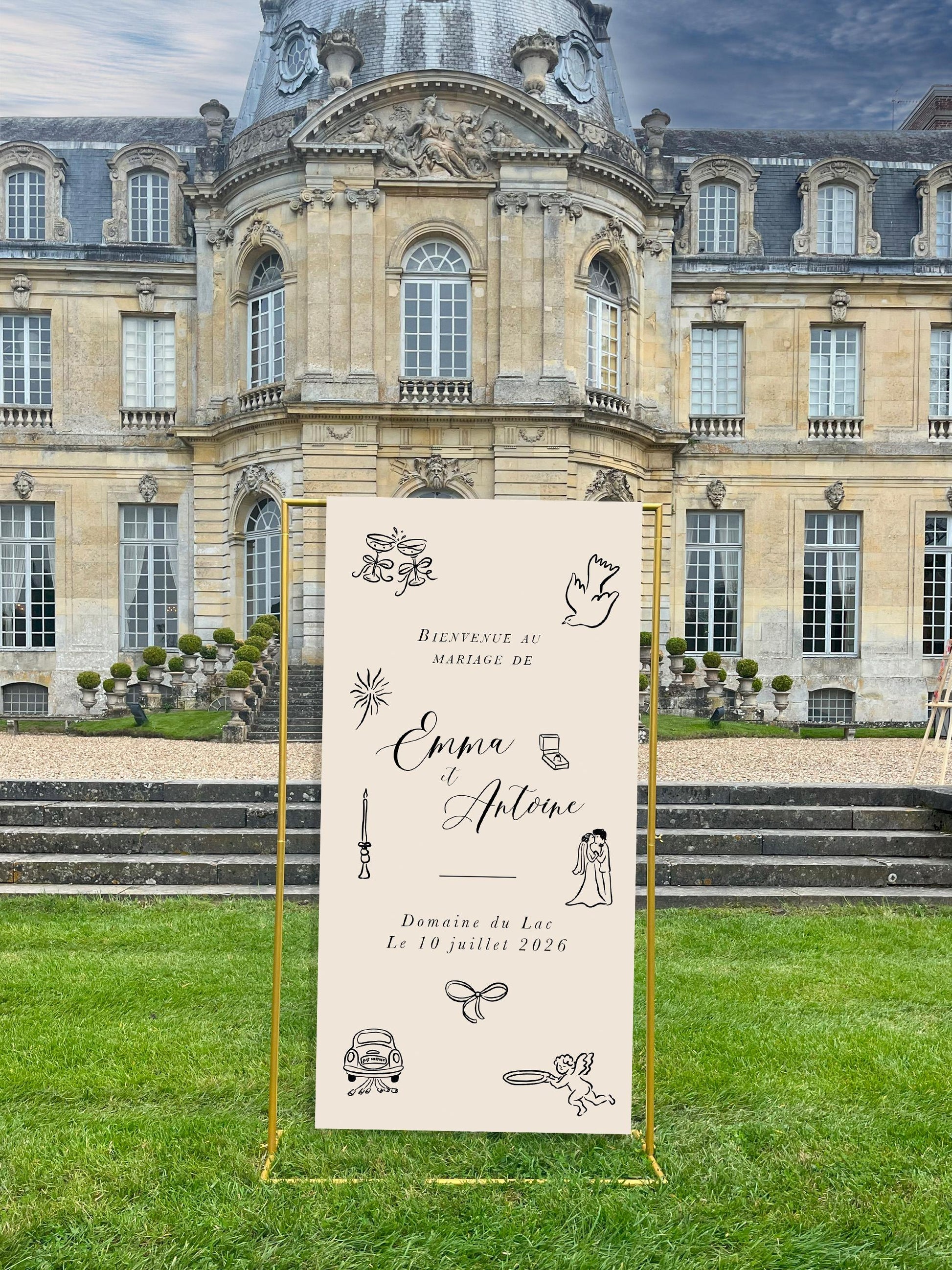 Panneau de bienvenue mariage texte coloris noir en toile avec dessin fait main, format 90x180 cm, Collection Mood