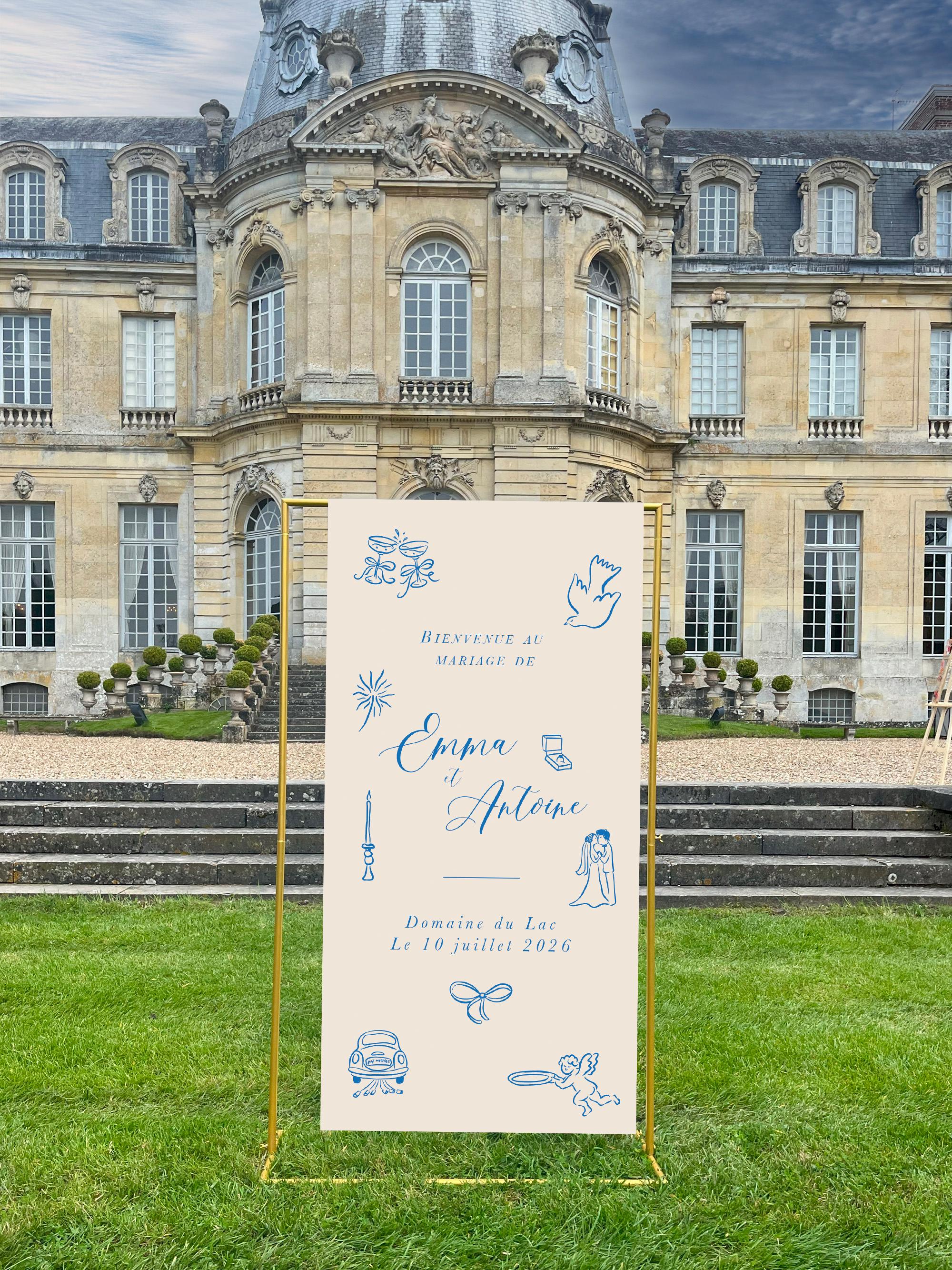 Panneau de bienvenue mariage texte coloris bleu en toile avec dessin fait main, format 90x180 cm, Collection Mood