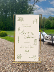 Panneau de bienvenue mariage texte coloris kaki en toile avec dessin fait main, format 90x180 cm, Collection Mood