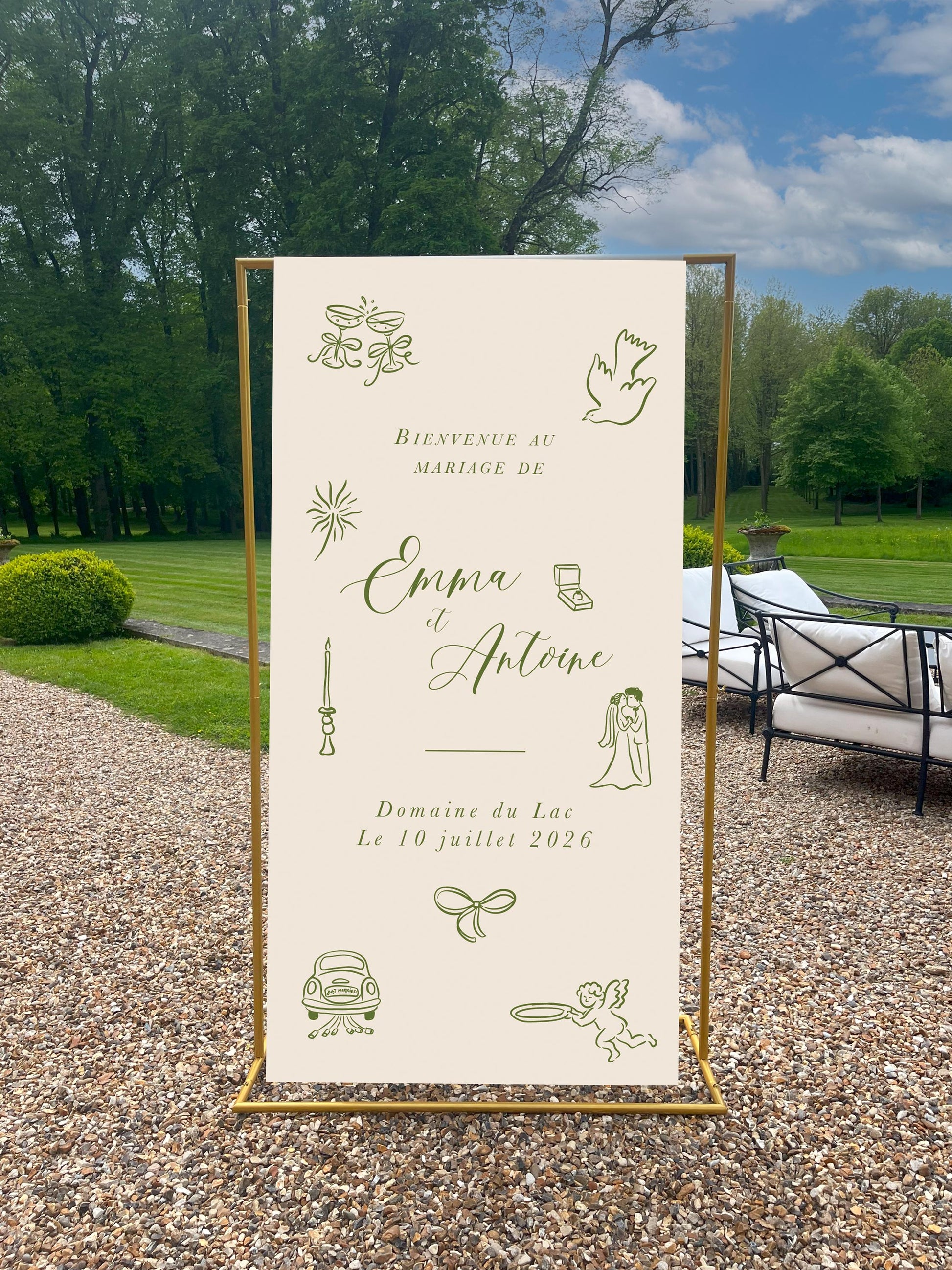 Panneau de bienvenue mariage texte coloris kaki en toile avec dessin fait main, format 90x180 cm, Collection Mood