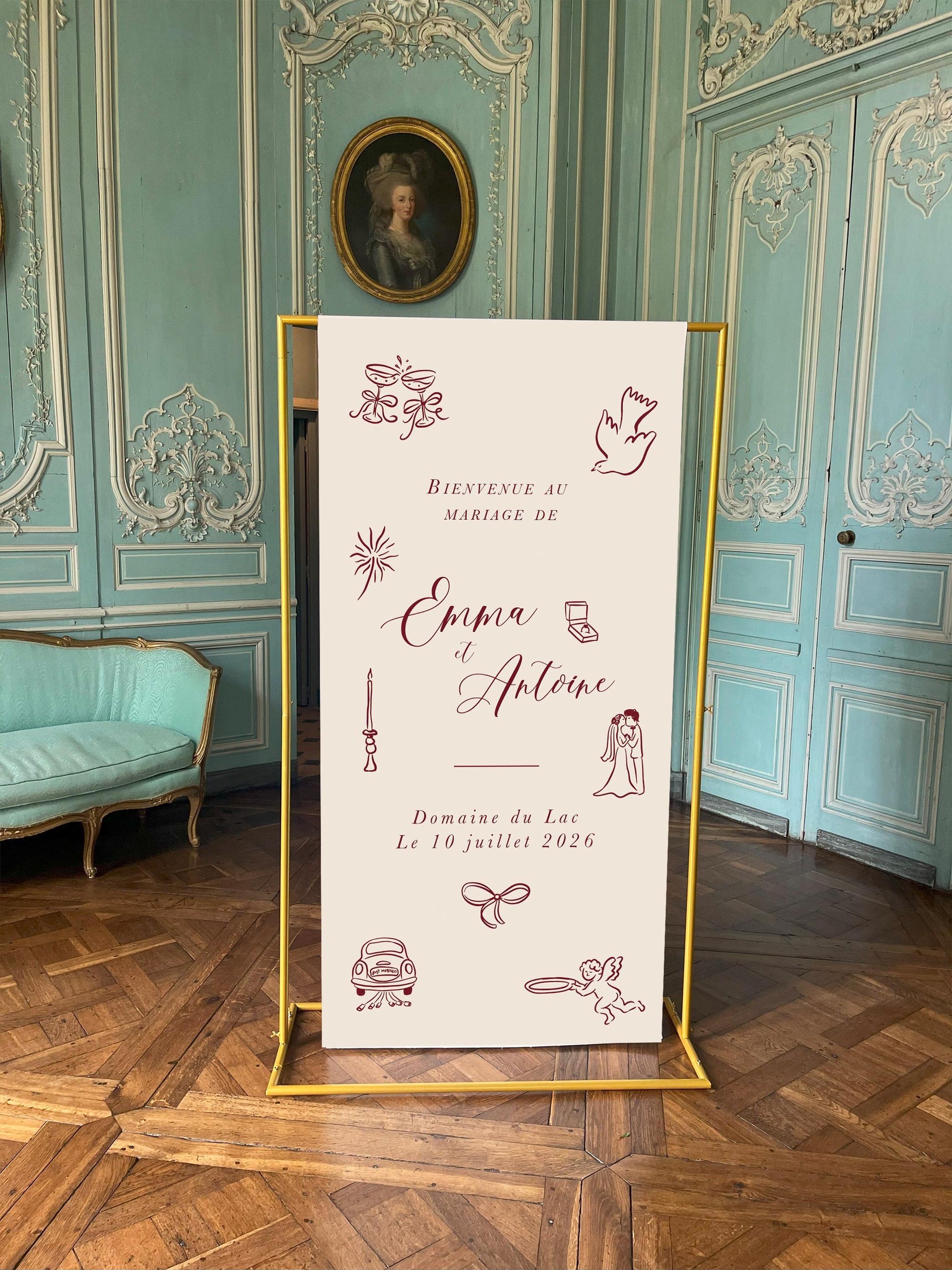 Panneau de bienvenue mariage texte coloris bordeaux en toile avec dessin fait main, format 90x180 cm, Collection Mood