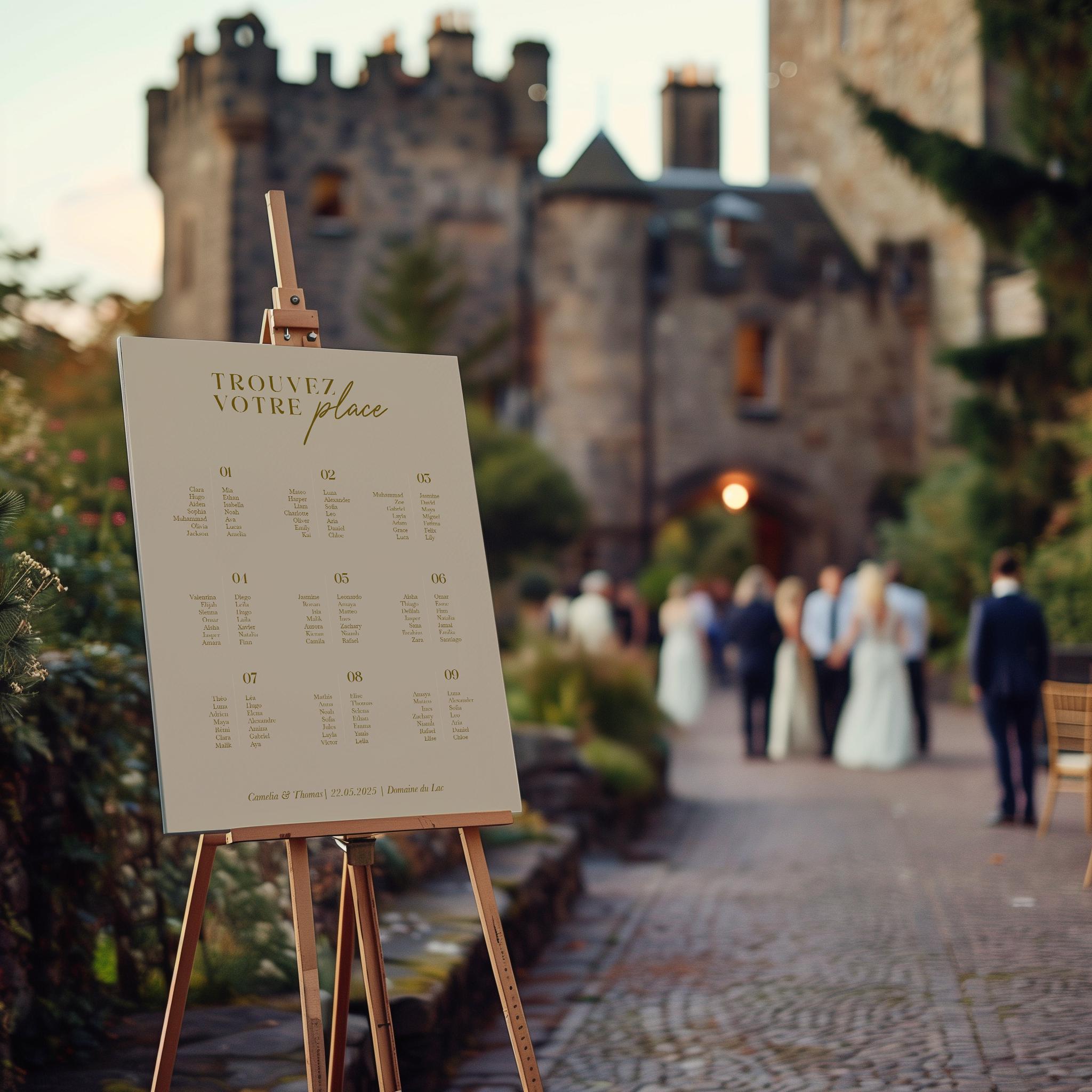 Plan de table de mariage en forex coloris beige, personnalisé avec le titre Trouvez votre place