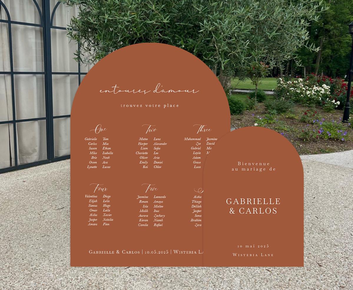 Duo arche et plan de table en forex personnalisés, coloris terracotta