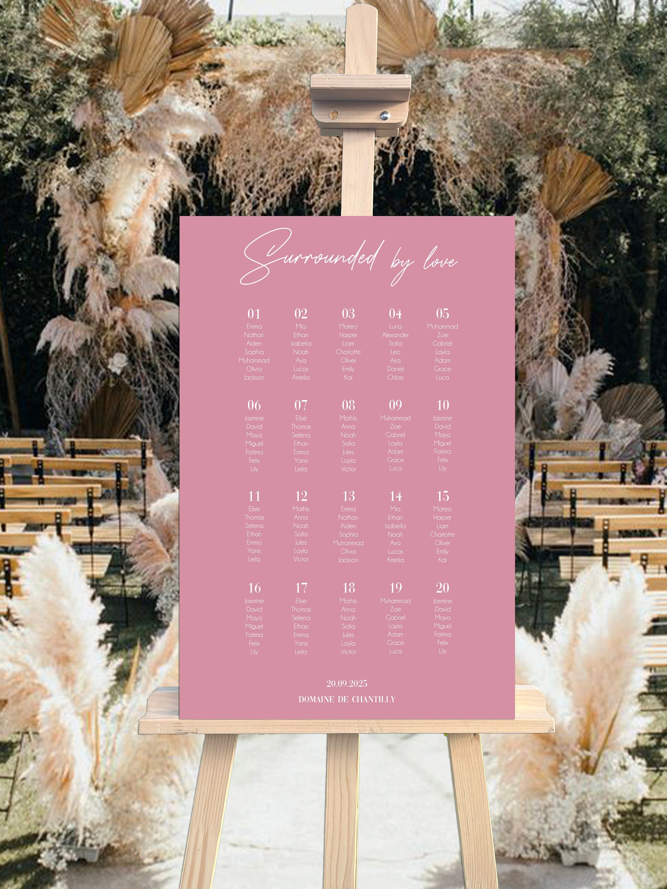 Plan de table en forex coloris rose, style élégant pour mariage