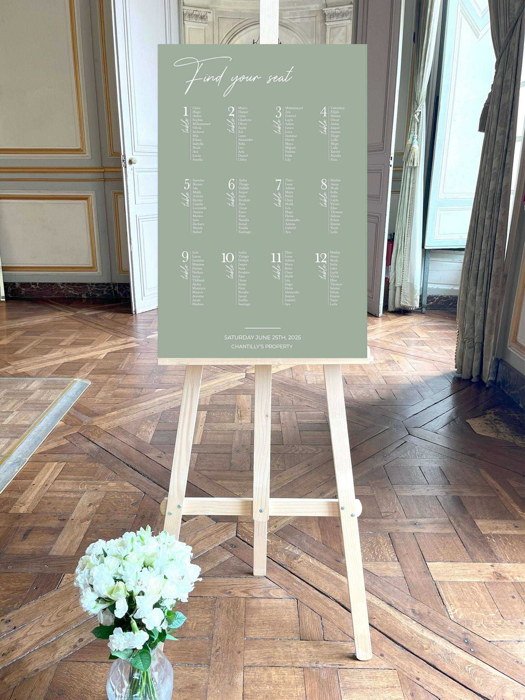 Plan de table en forex vert sauge, style élégant et naturel