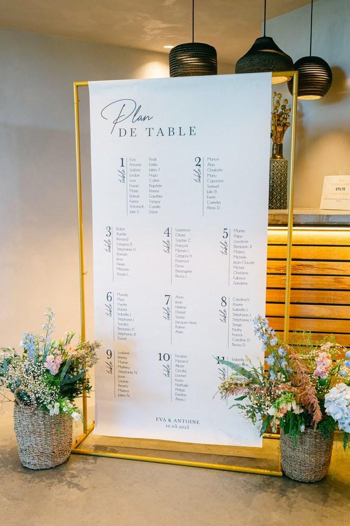 plan de table mariage 11 tables en toile lin 90x180 cm, personnalisé avec prénoms, date et lieu, design 1
