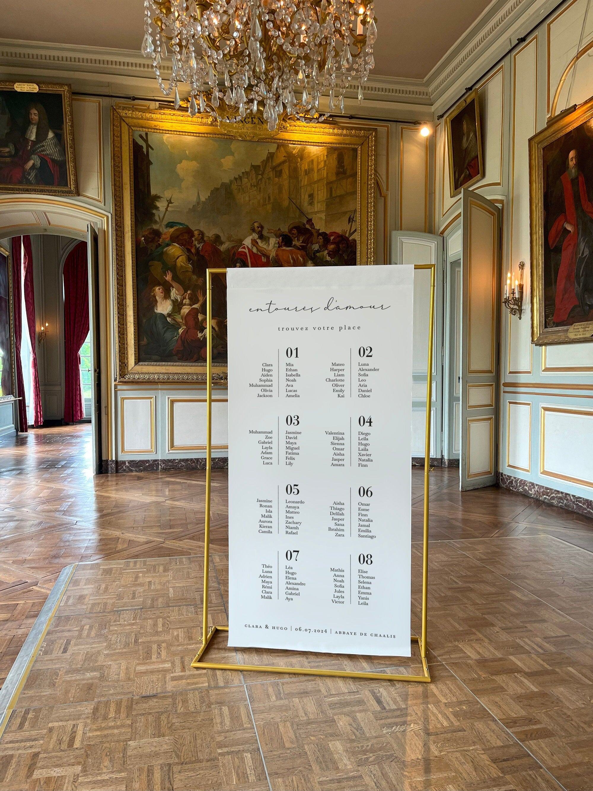 maquette plan de table personnalisé mariage en lin beige 90x180 cm avec prénoms et date, design élégant, design 3