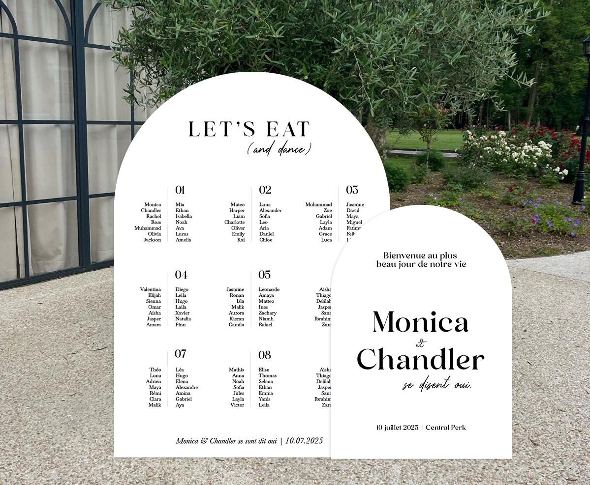 Duo plan de table et panneau de bienvenue en forme d'arche, titre let's eat (and dance) sur le plan de table et Bienvenue au plus beau jour de notre vie sur le plan de table, coloris blanc et noir.