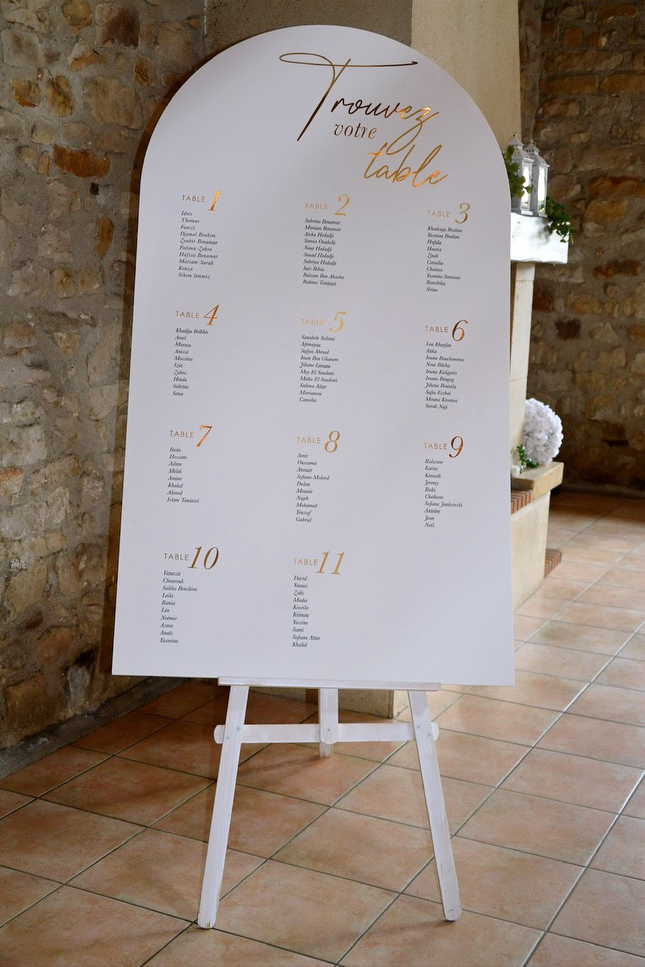 Plan de table posé sur un chevalet, format 90x160 en format d'arche, fond blanc et écriture du titre "Trouvez votre place" en doré.