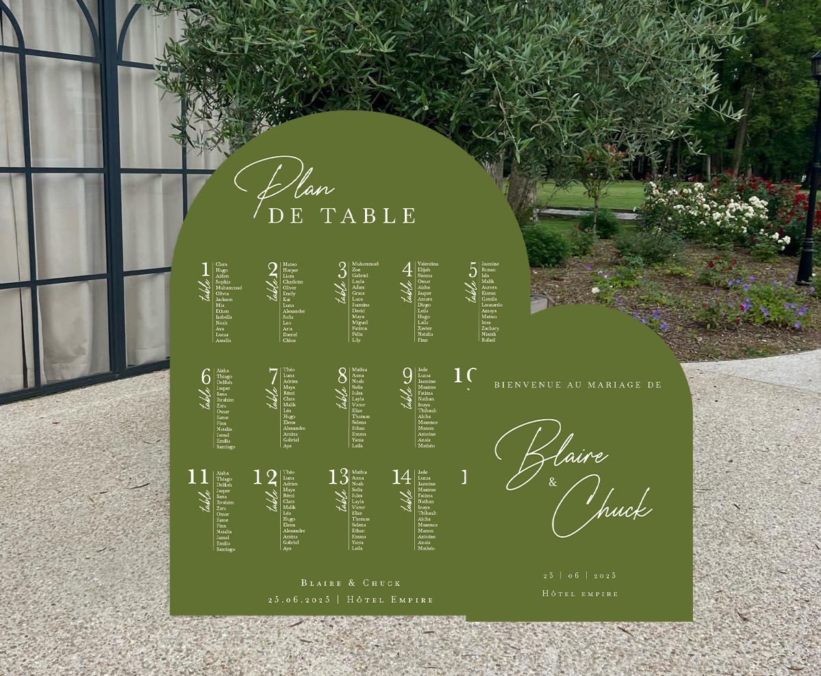 Ensemble plan de table et panneau mariage en forme d’arche, personnalisés et imprimés sur forex mat, coloris kaki