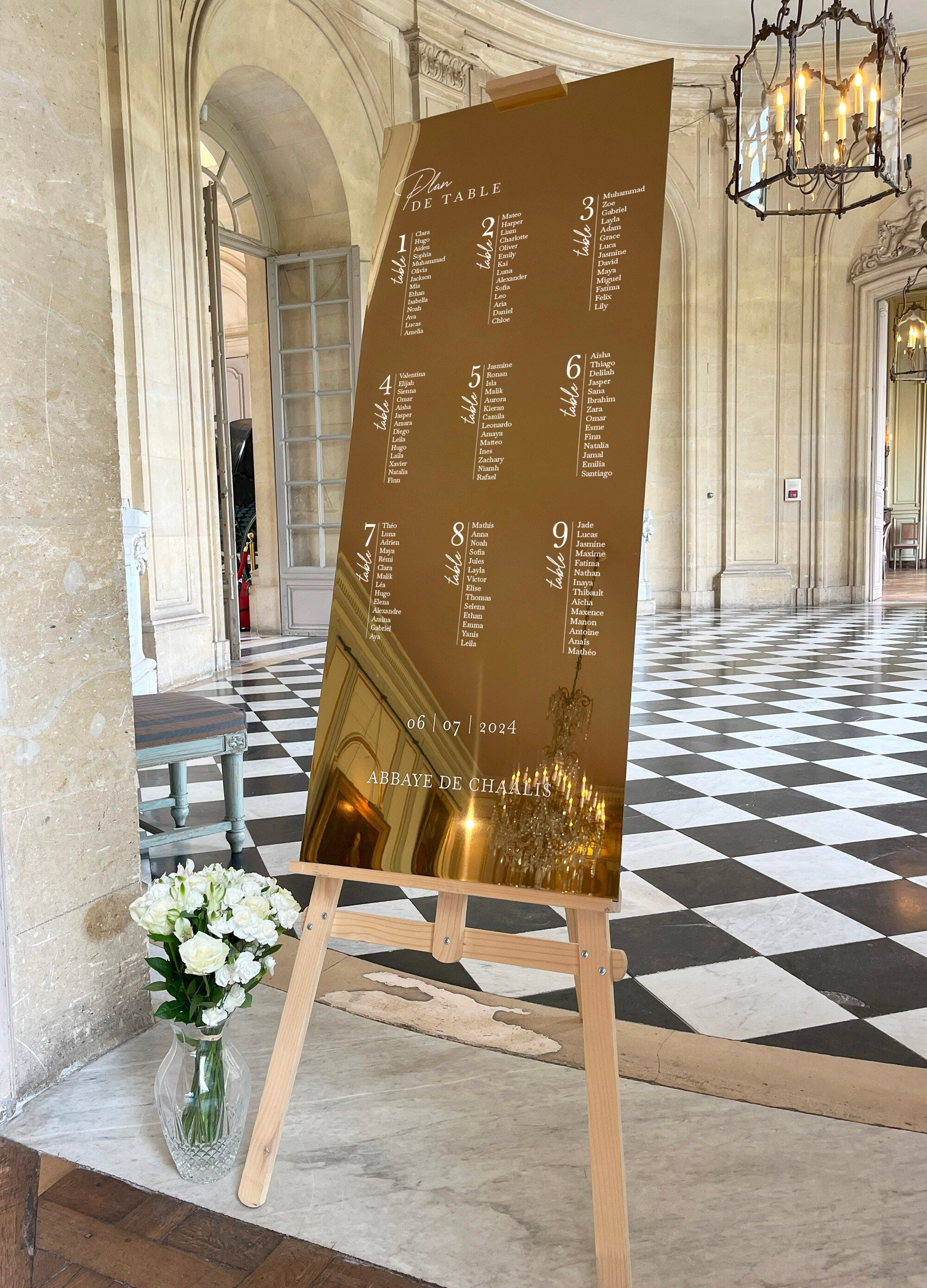 Plan de table en miroir doré personnalisé, format 50x120 cm, design 1