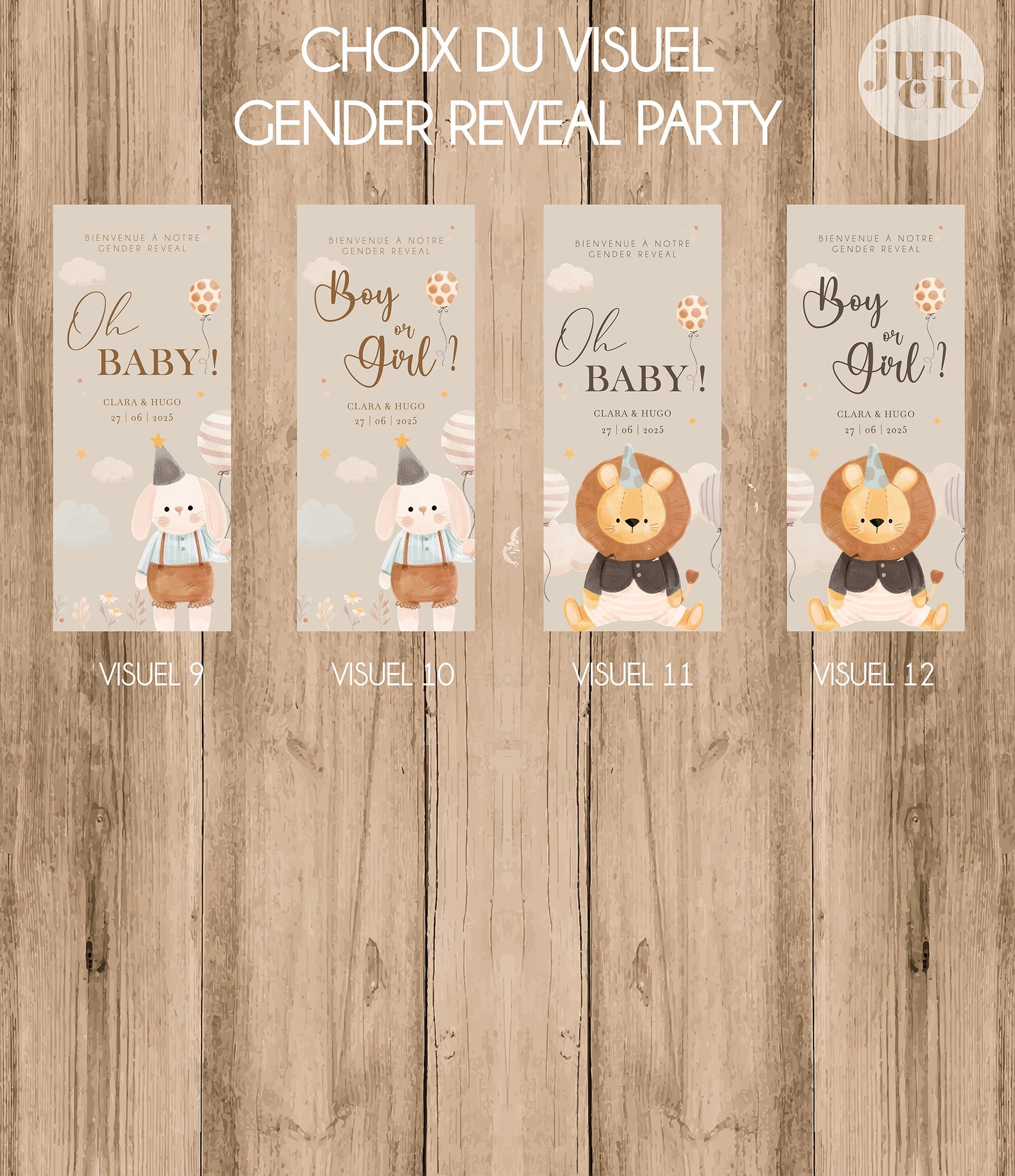 Planche présentant plusieurs designs de panneaux de bienvenue gender reveal XL en forex personnalisables, avec divers motifs d’animaux et teintes.