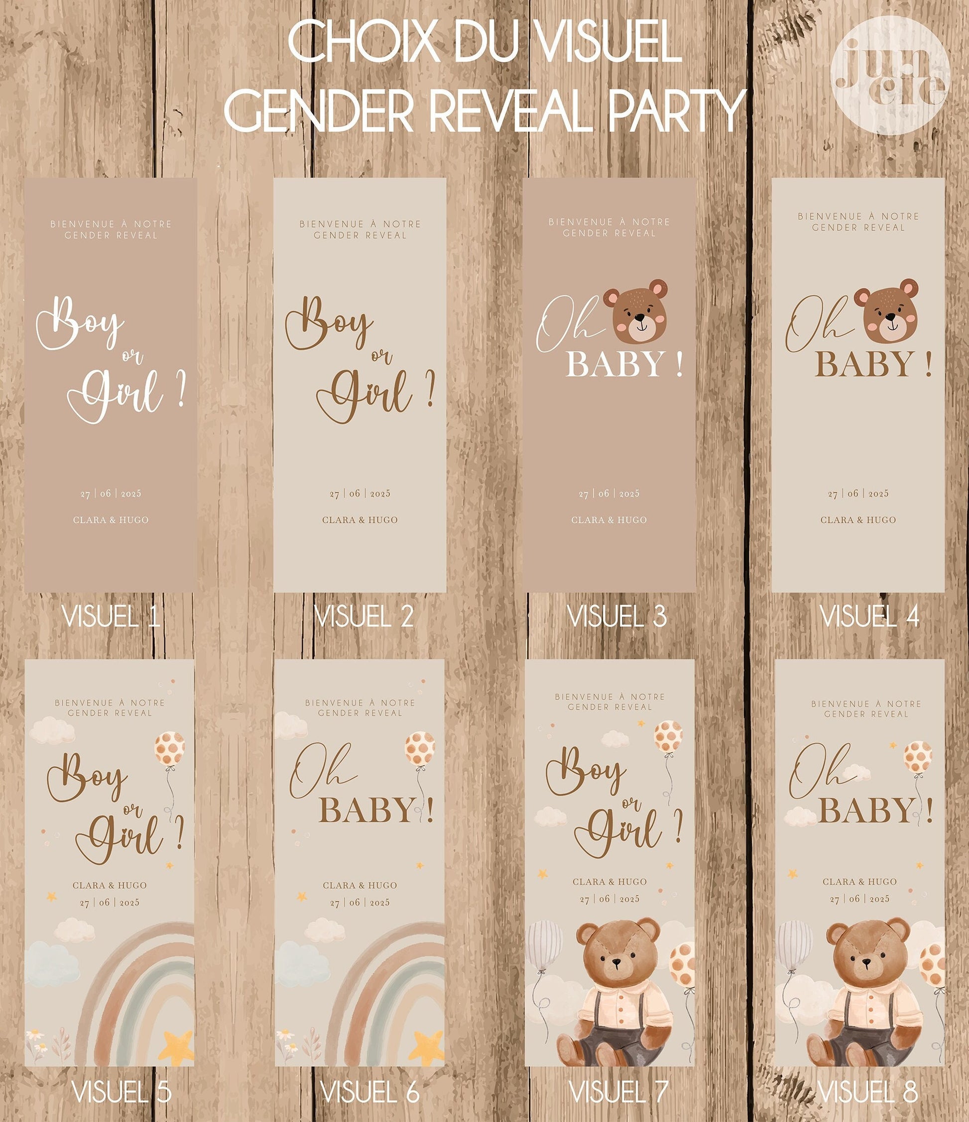 Planche de visuels présentant plusieurs modèles de panneaux de bienvenue gender reveal XL en forex personnalisés, avec différents motifs animaux et coloris.