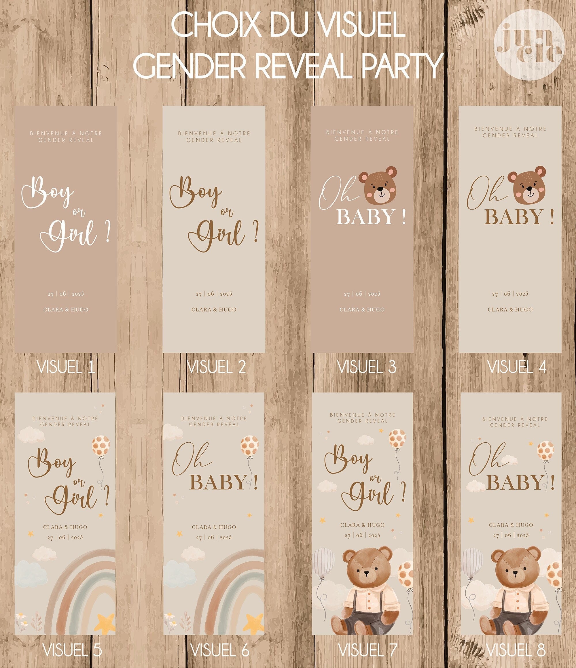 Planche de visuels présentant plusieurs modèles de panneaux de bienvenue gender reveal XL en forex personnalisés, avec différents motifs animaux et coloris.