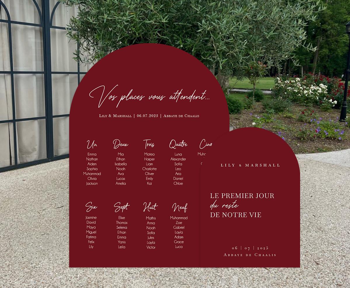 Duo de panneaux mariage arche bordeaux, plan de table et panneau d’accueil assortis