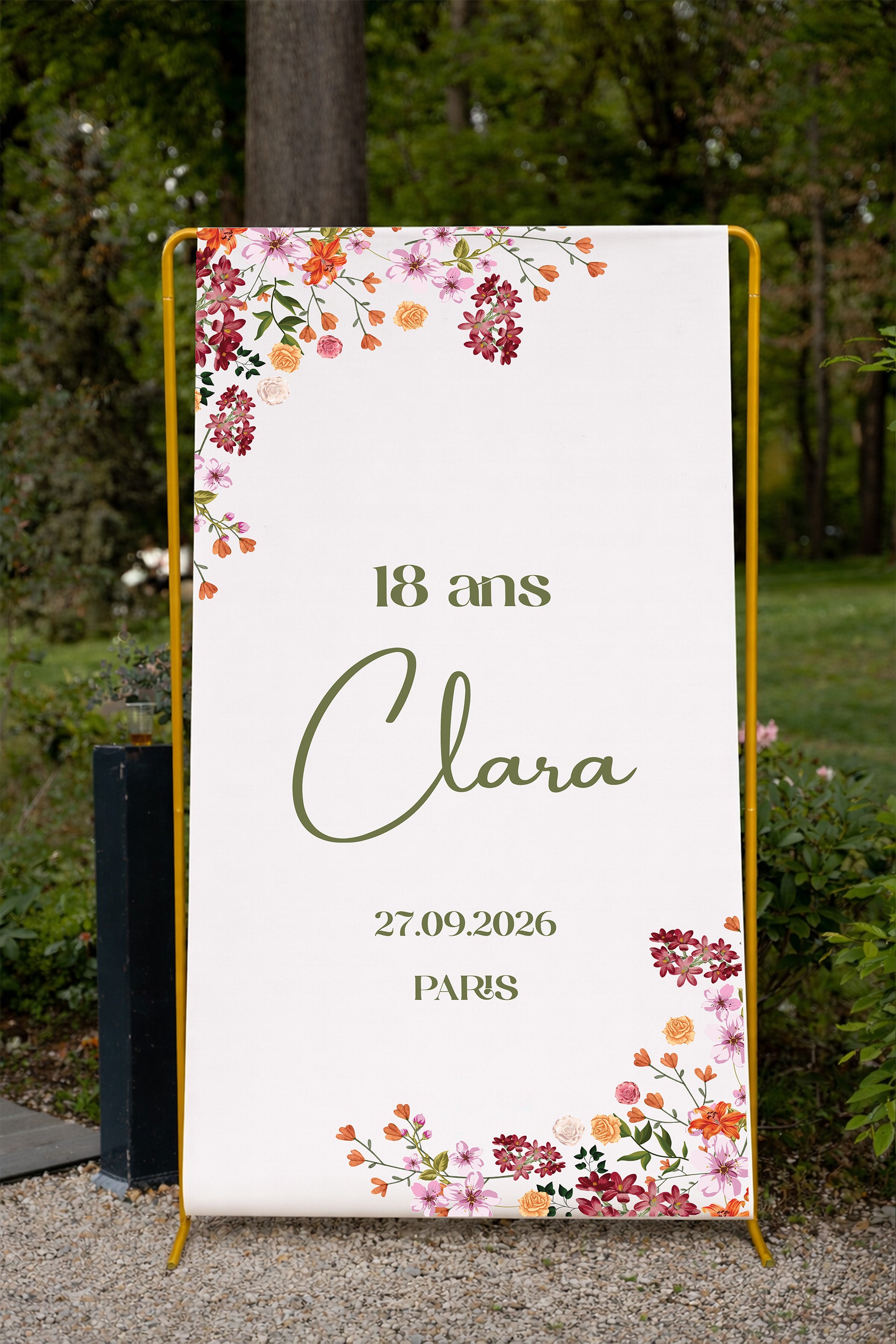 Panneau anniversaire 18 ans en tissu aspect lin – Décoration florale chic