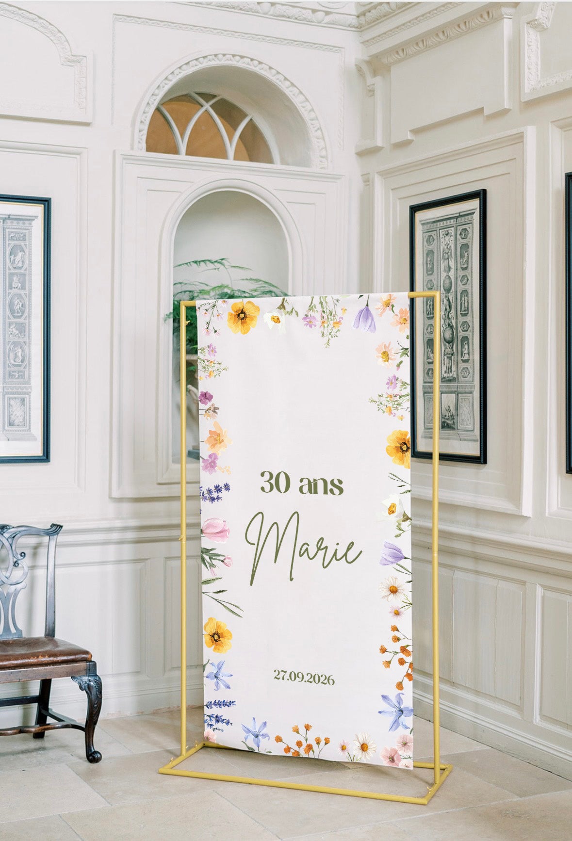 Panneau anniversaire 30 ans en tissu lin – Modèle fleuri chic