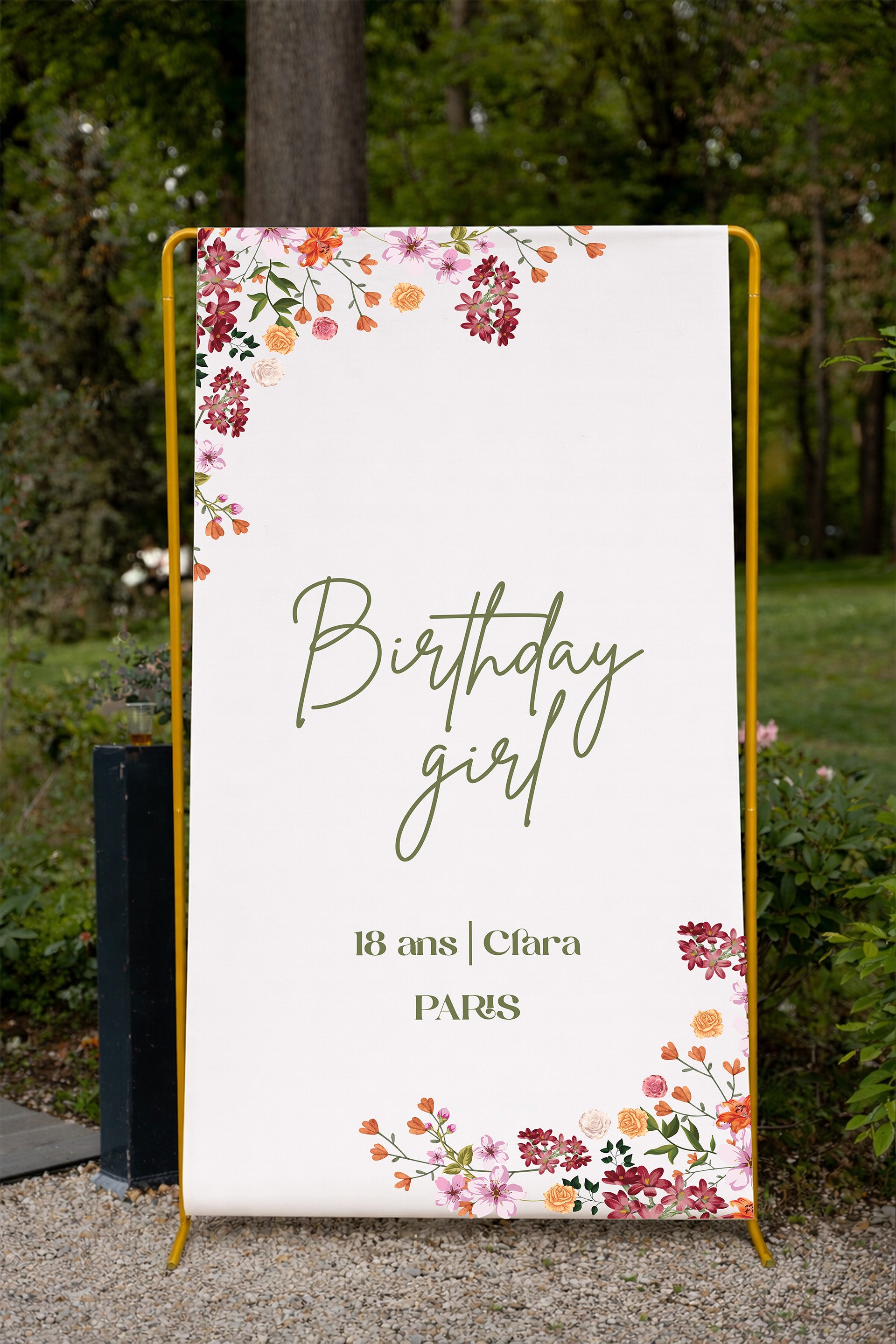 Panneau anniversaire 18 ans en tissu aspect lin – Décoration florale chic