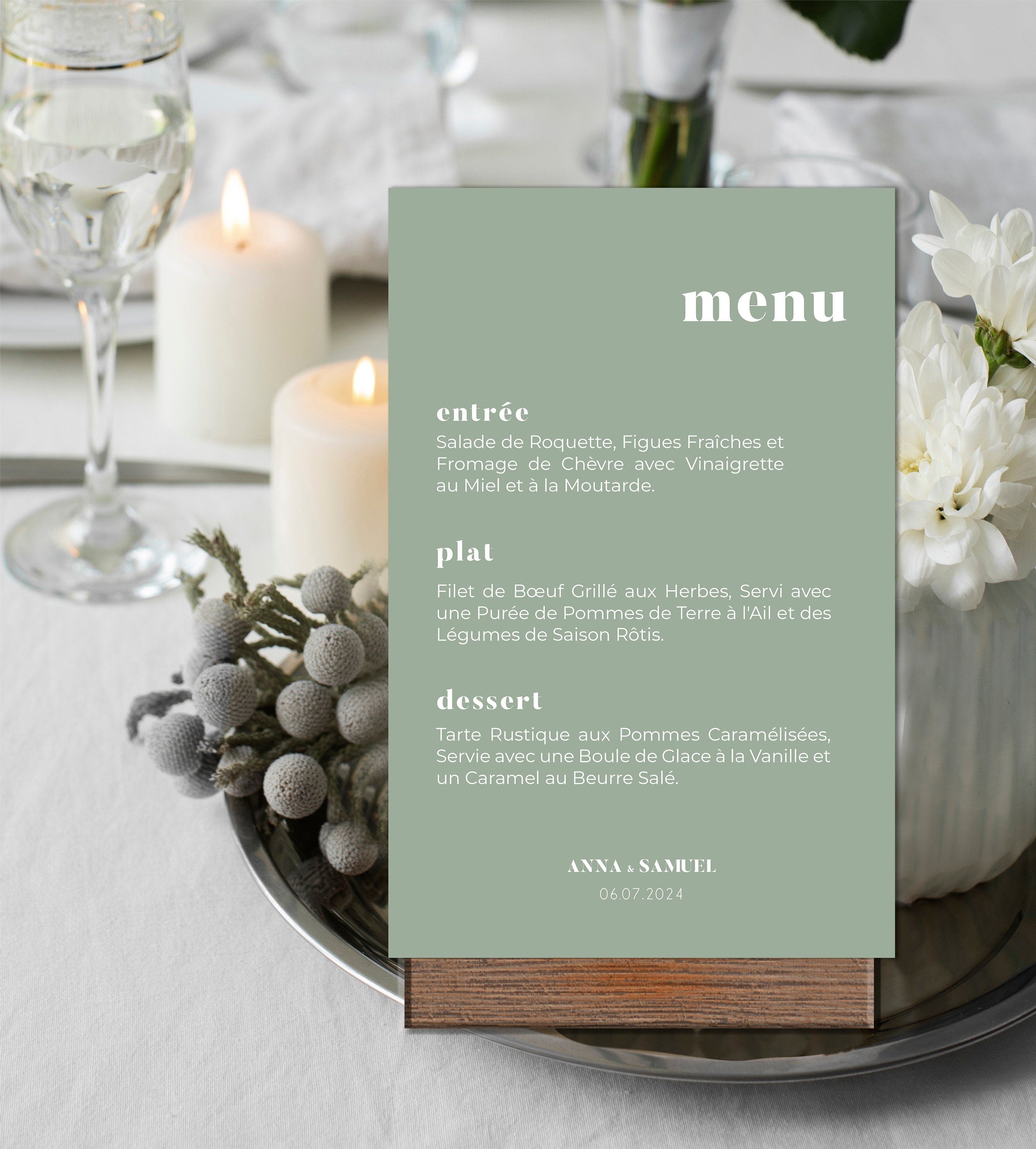 Personalized sage green wedding meal menu