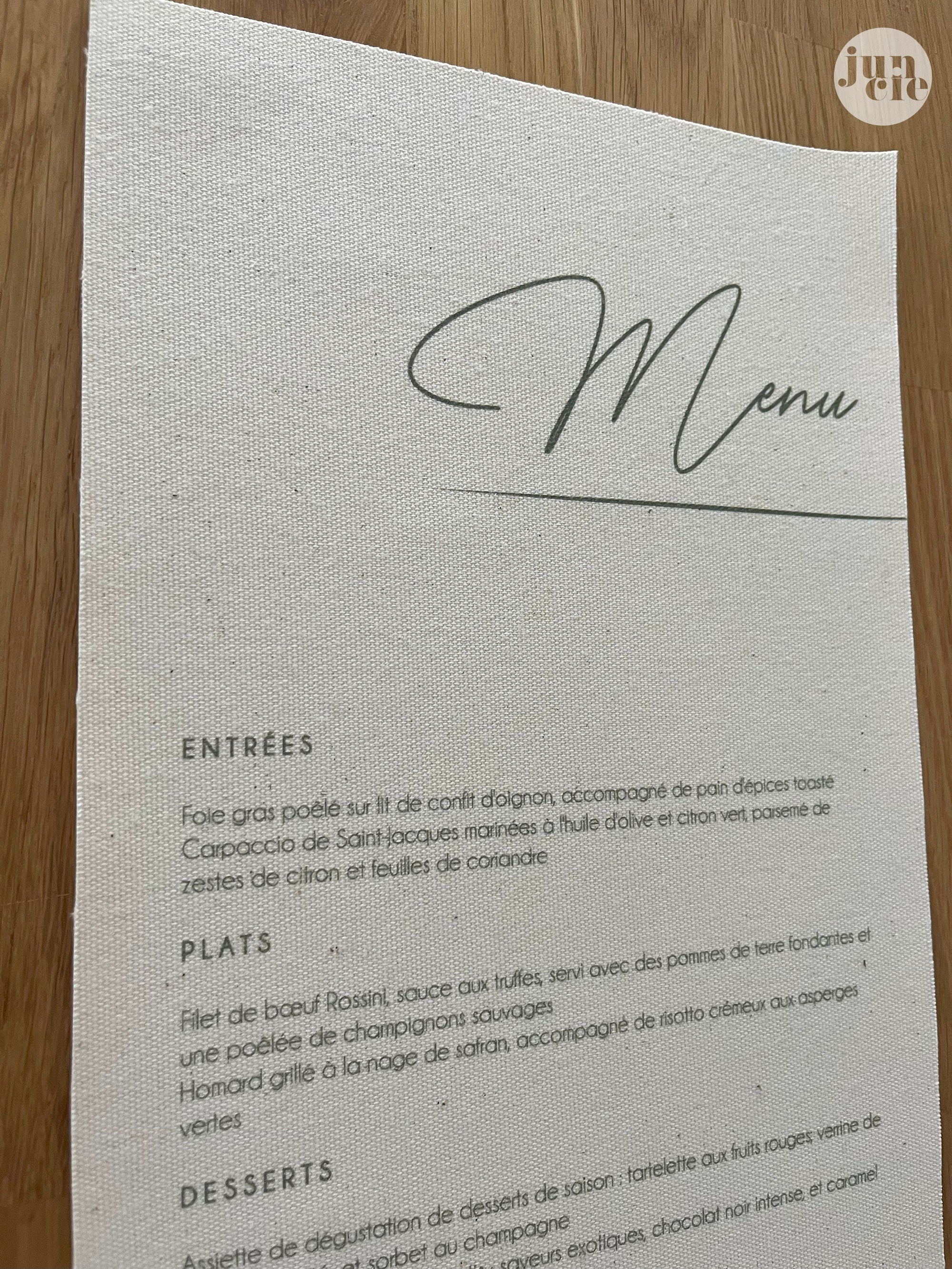 Menu de mariage en toile de lin format 10x22 cm