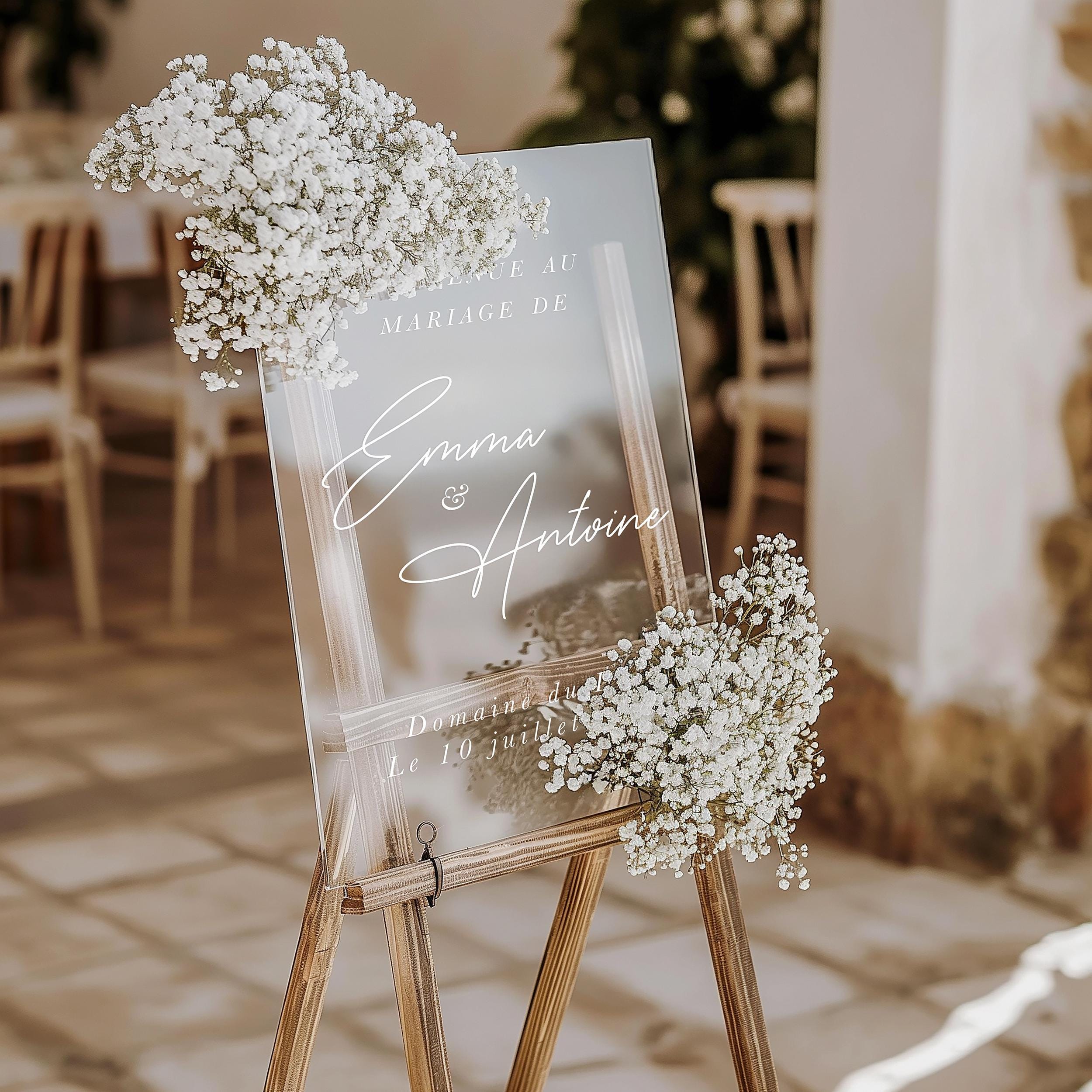 Panneau de bienvenue en plexiglass transparent, écriture blanche calligraphique