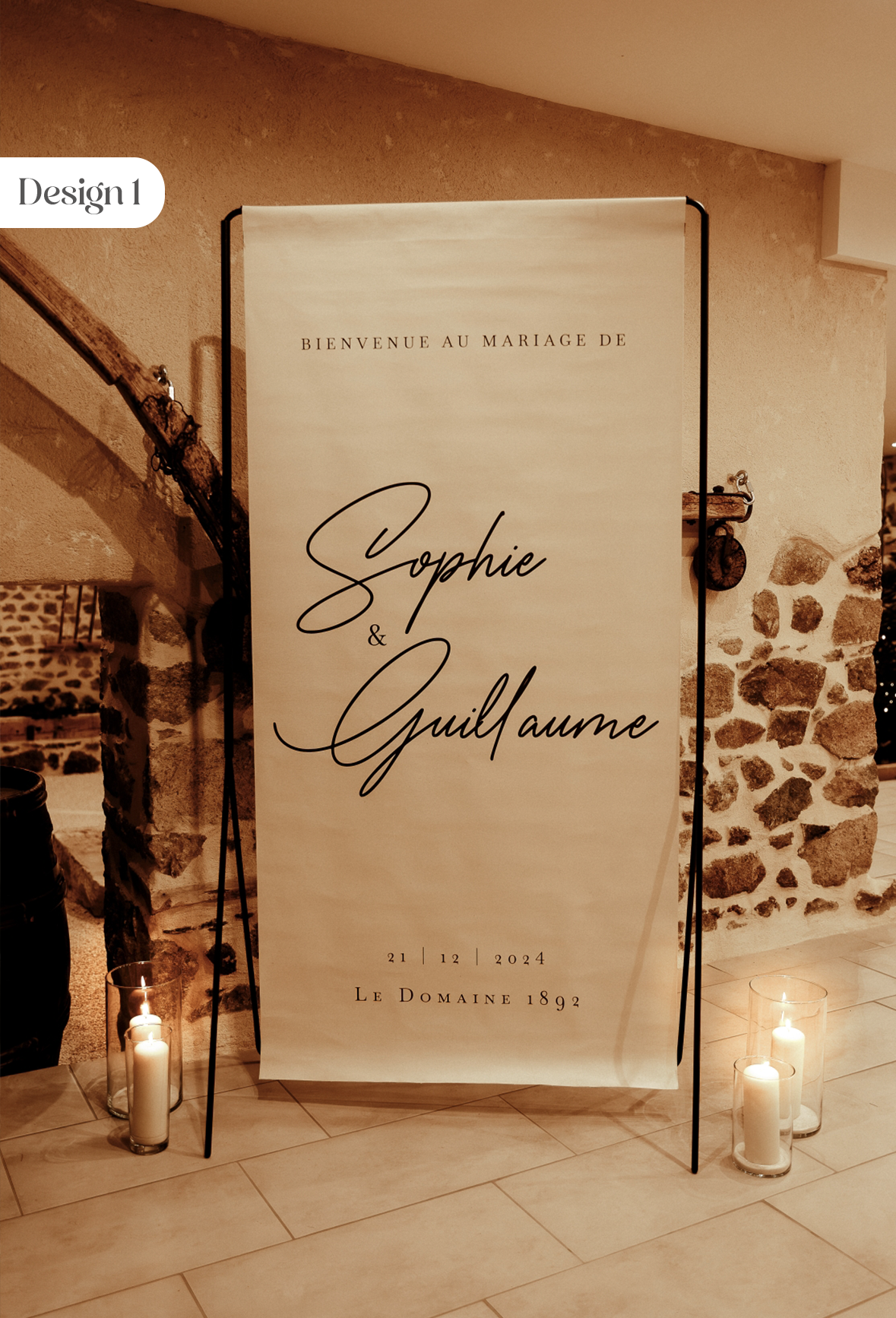 Grand panneau de bienvenue mariage toile lin 90x180 cm, design 1, personnalisable, fabrication française