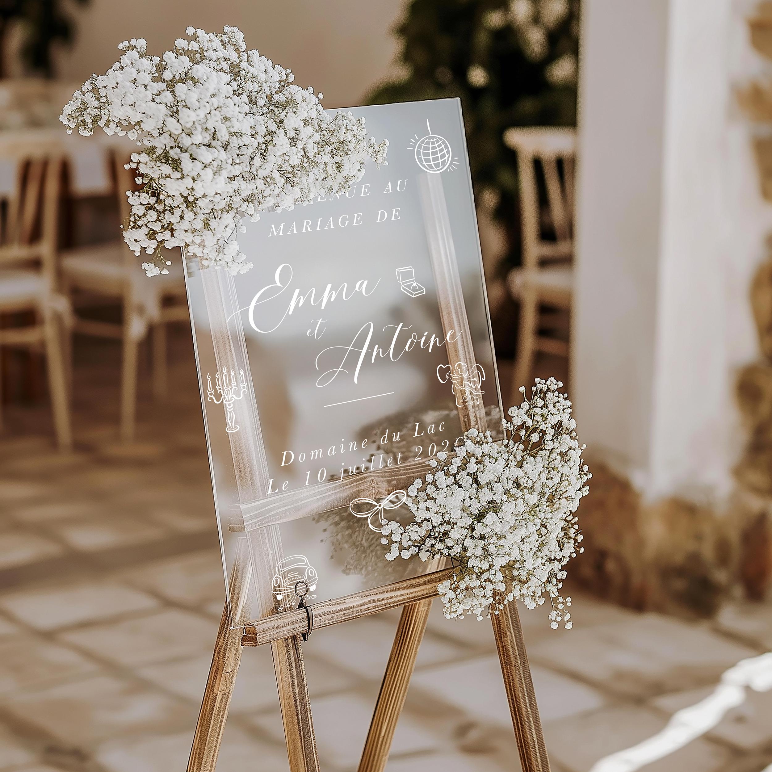 Panneau de mariage personnalisé en acrylique avec illustrations dessinées à la main
