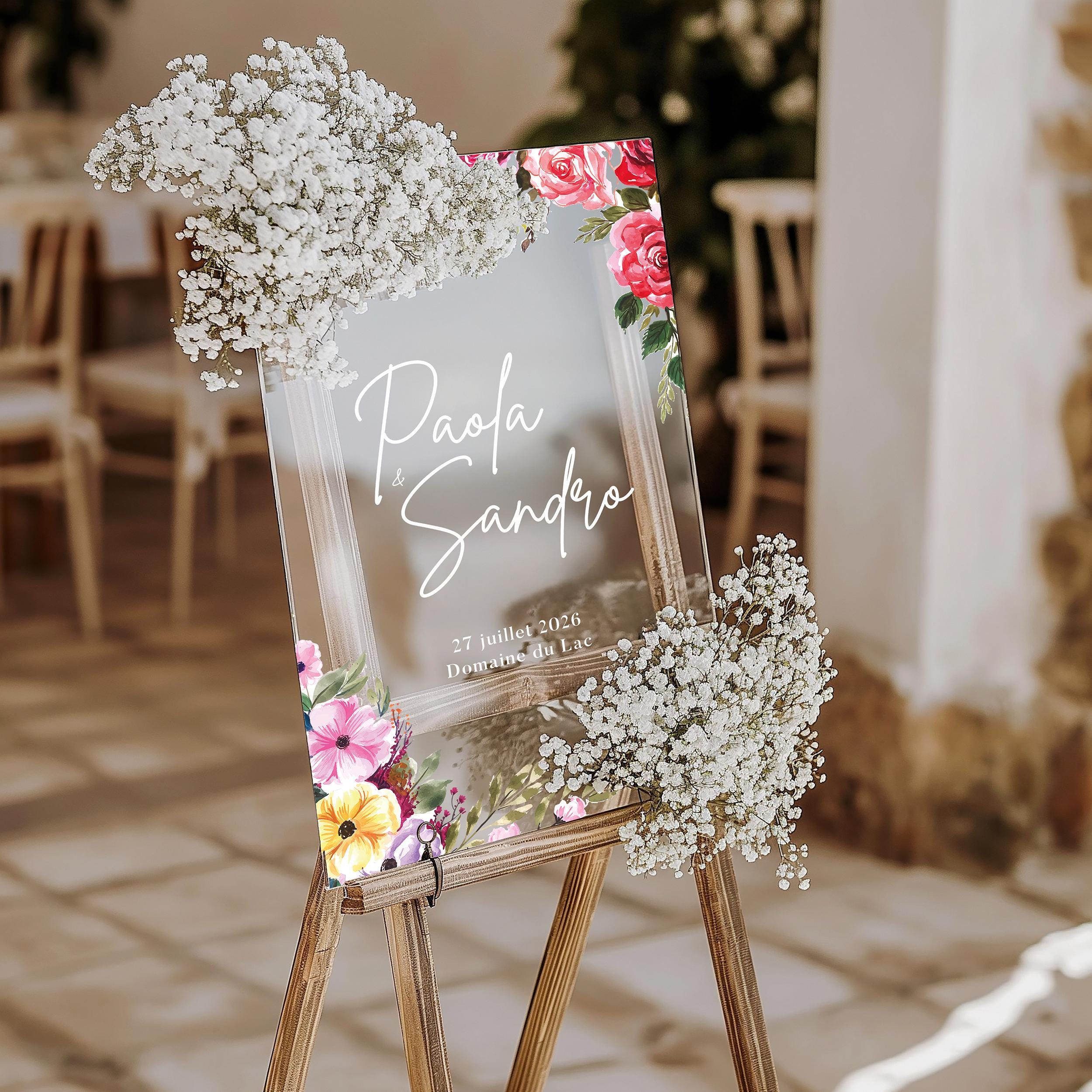 Panneau de bienvenue en plexiglass orné de fleurs, style romantique et élégant