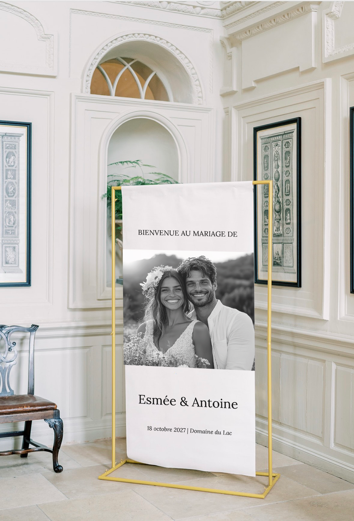 anneau de bienvenue en lin avec photo de couple, design romantique et épuré