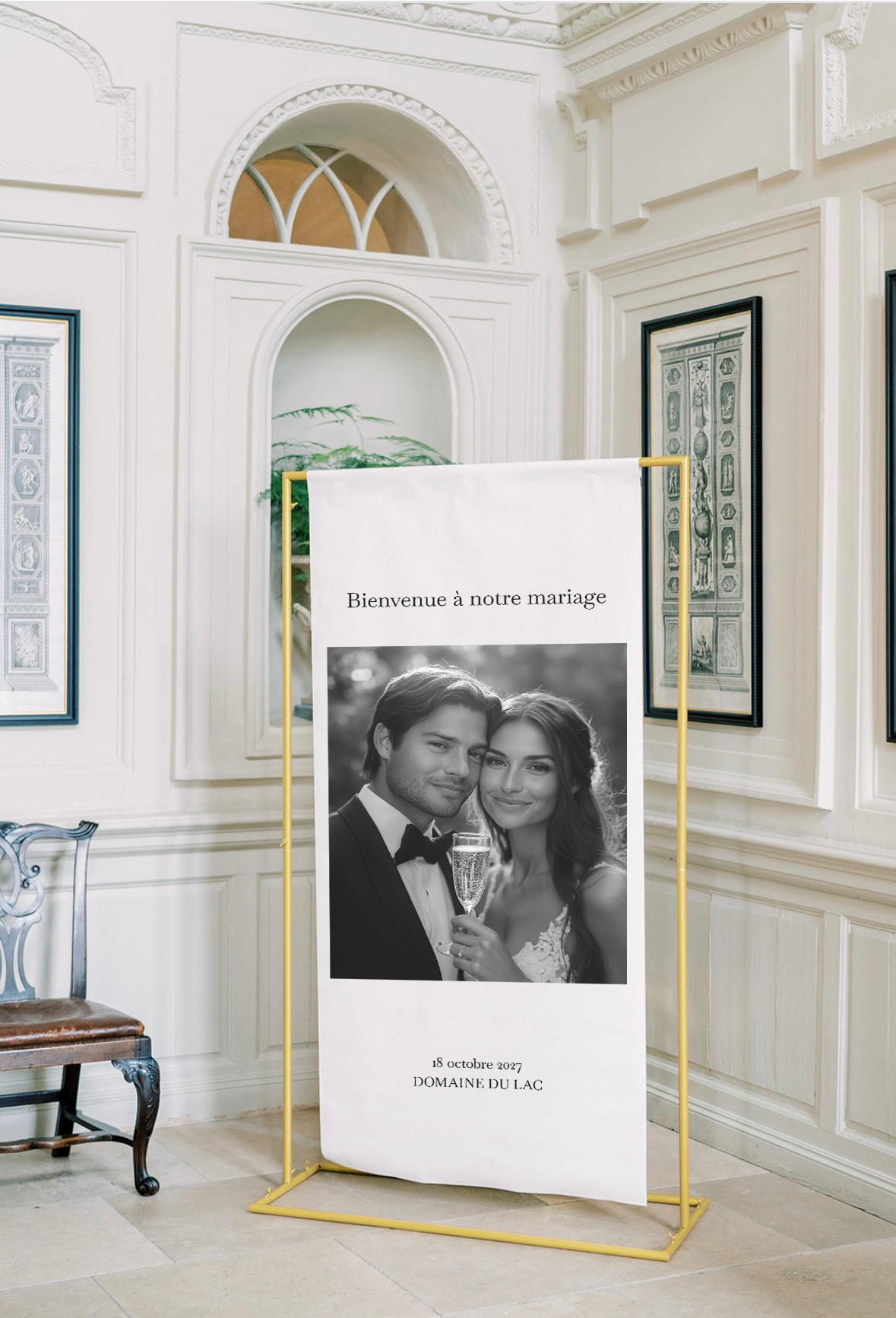 Panneau de bienvenue en lin personnalisé avec photo des mariés, style contemporain