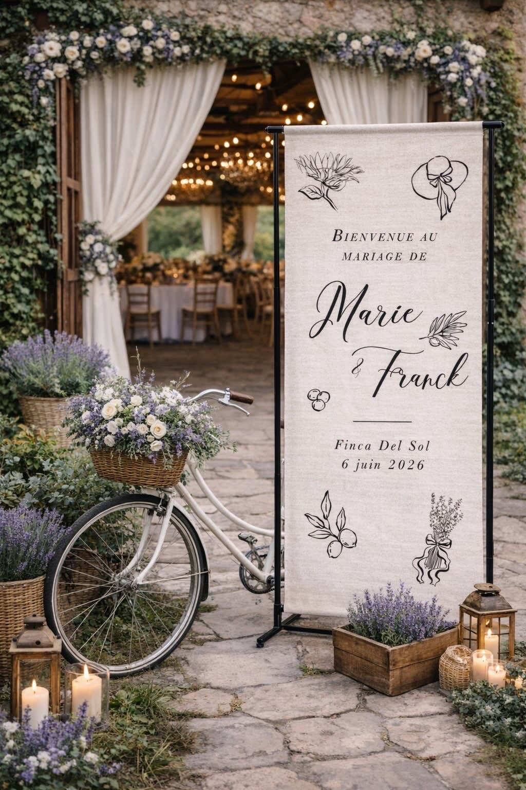 Panneau de bienvenue mariage en tissu effet lin avec illustrations provençales lavande et citron, personnalisé pour une décoration de mariage élégante et naturelle.