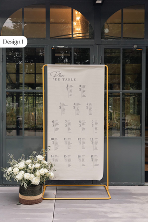 Plan de table en lin format 90x180 cm personnalisé, idéal pour organiser la disposition des invités lors d’un mariage