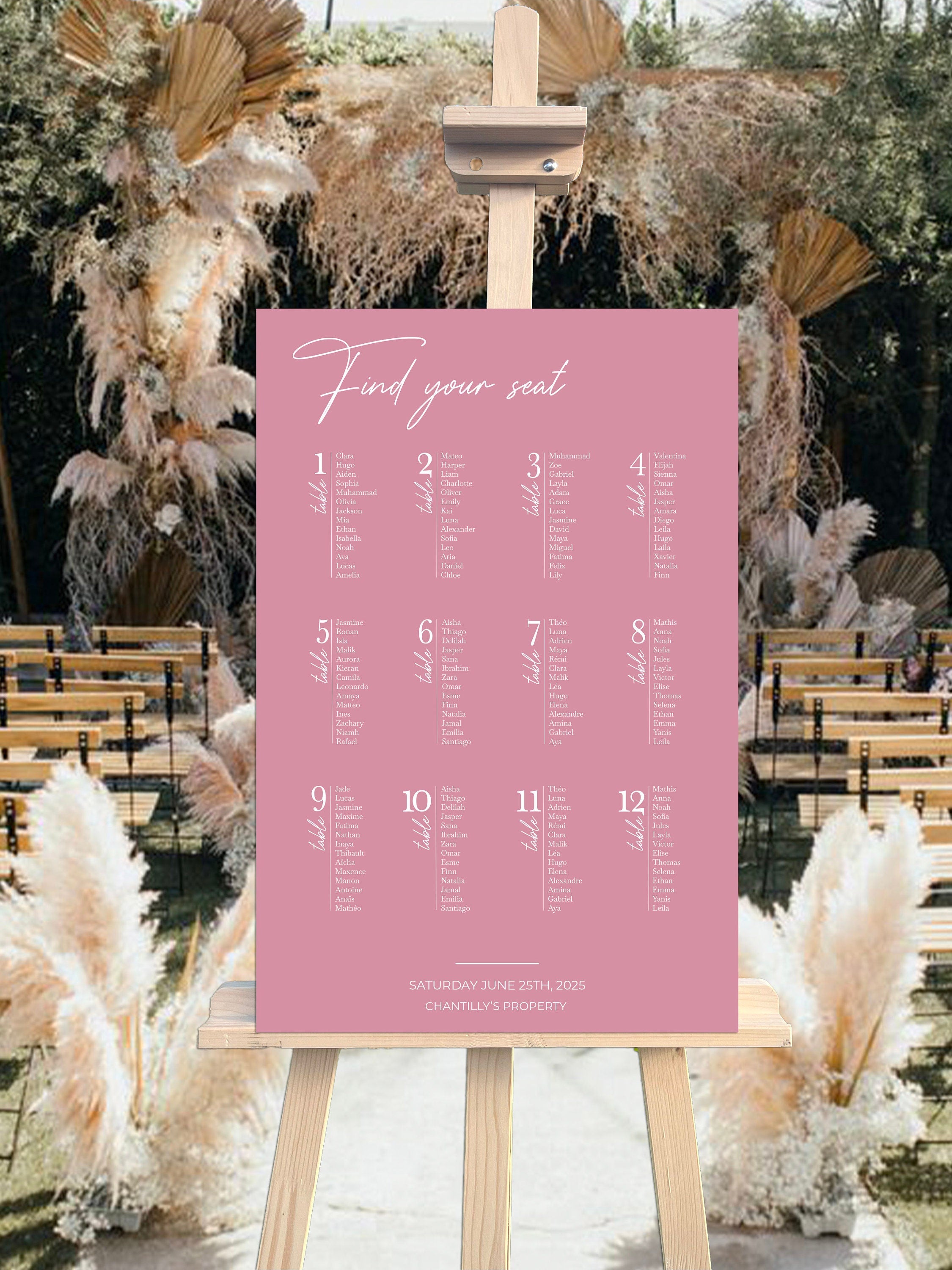 Plan de table en forex coloris rose, style élégant pour mariage